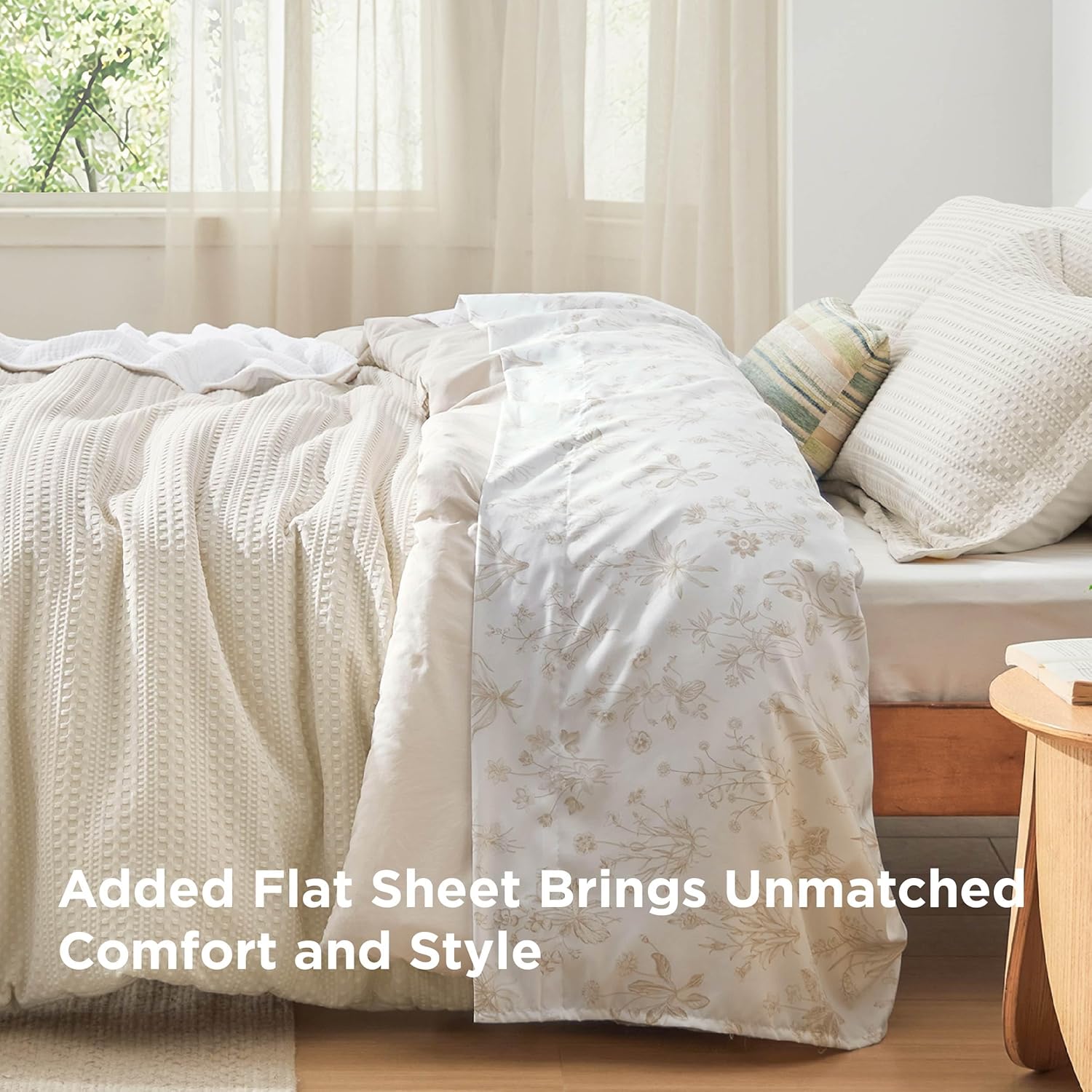 Bedsure King Comforter Set - Beige Floral 4-Piece Waffle Bedding