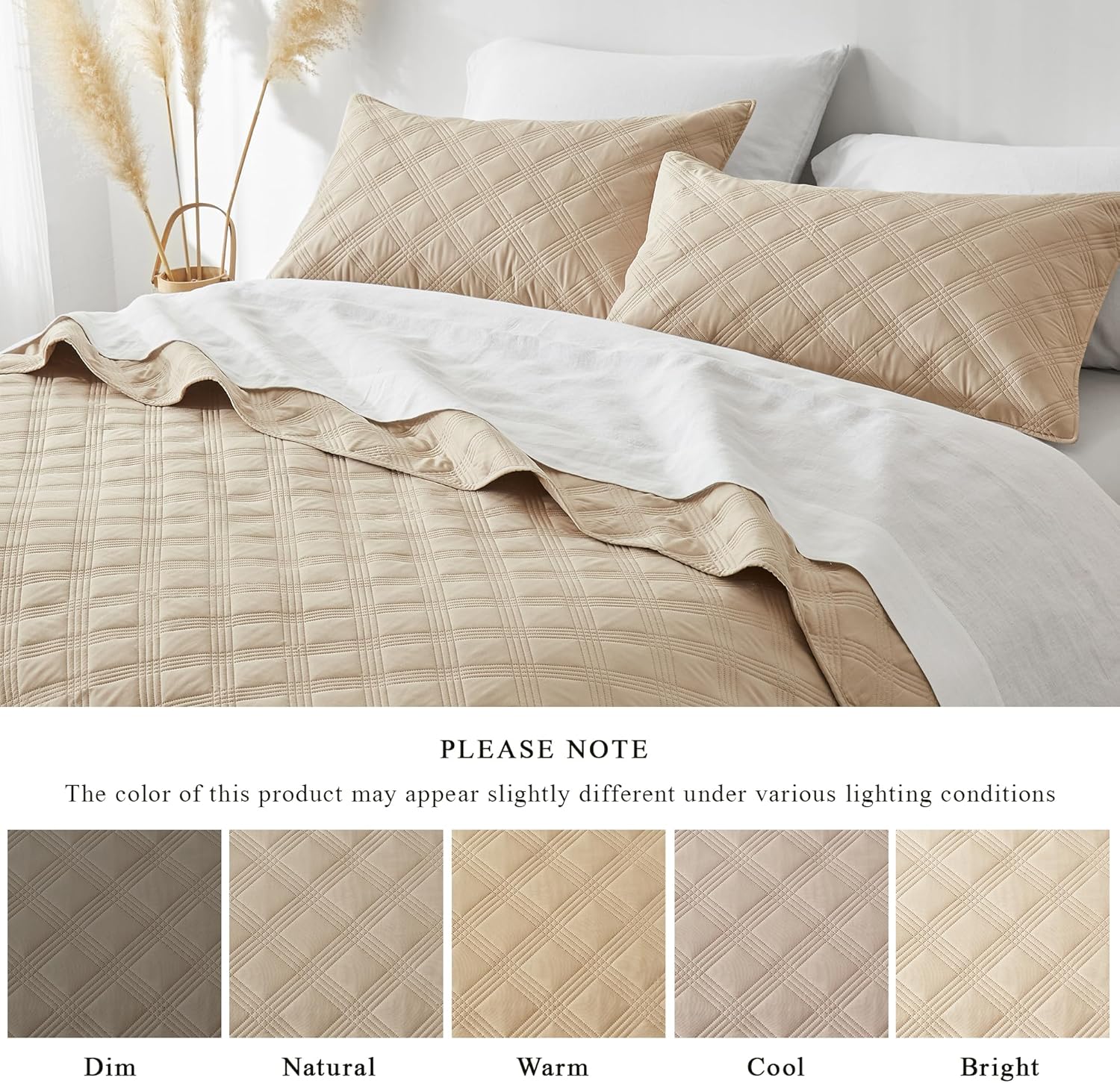 Inron Quilt Set Queen Size Beige Microfiber 1