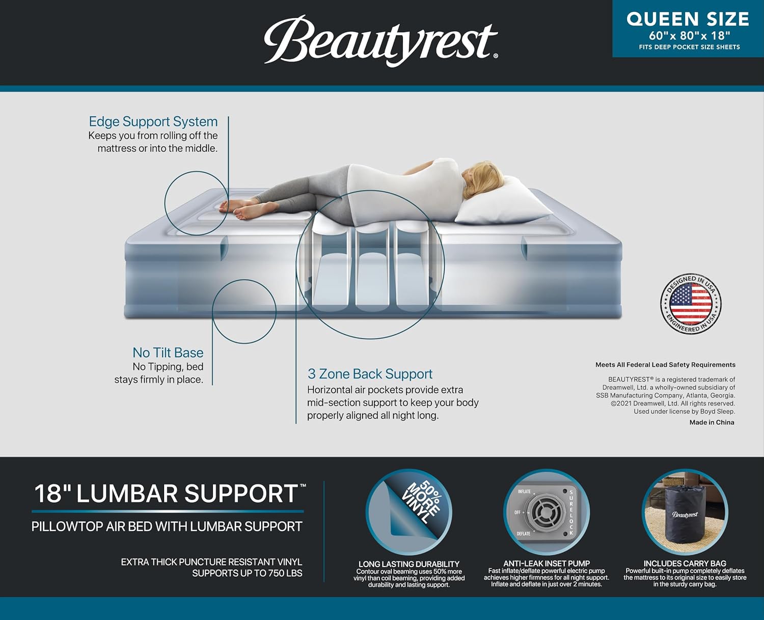 Beautyrest 18 Air Mattress with Pillowtop and Tri-Zone Support
