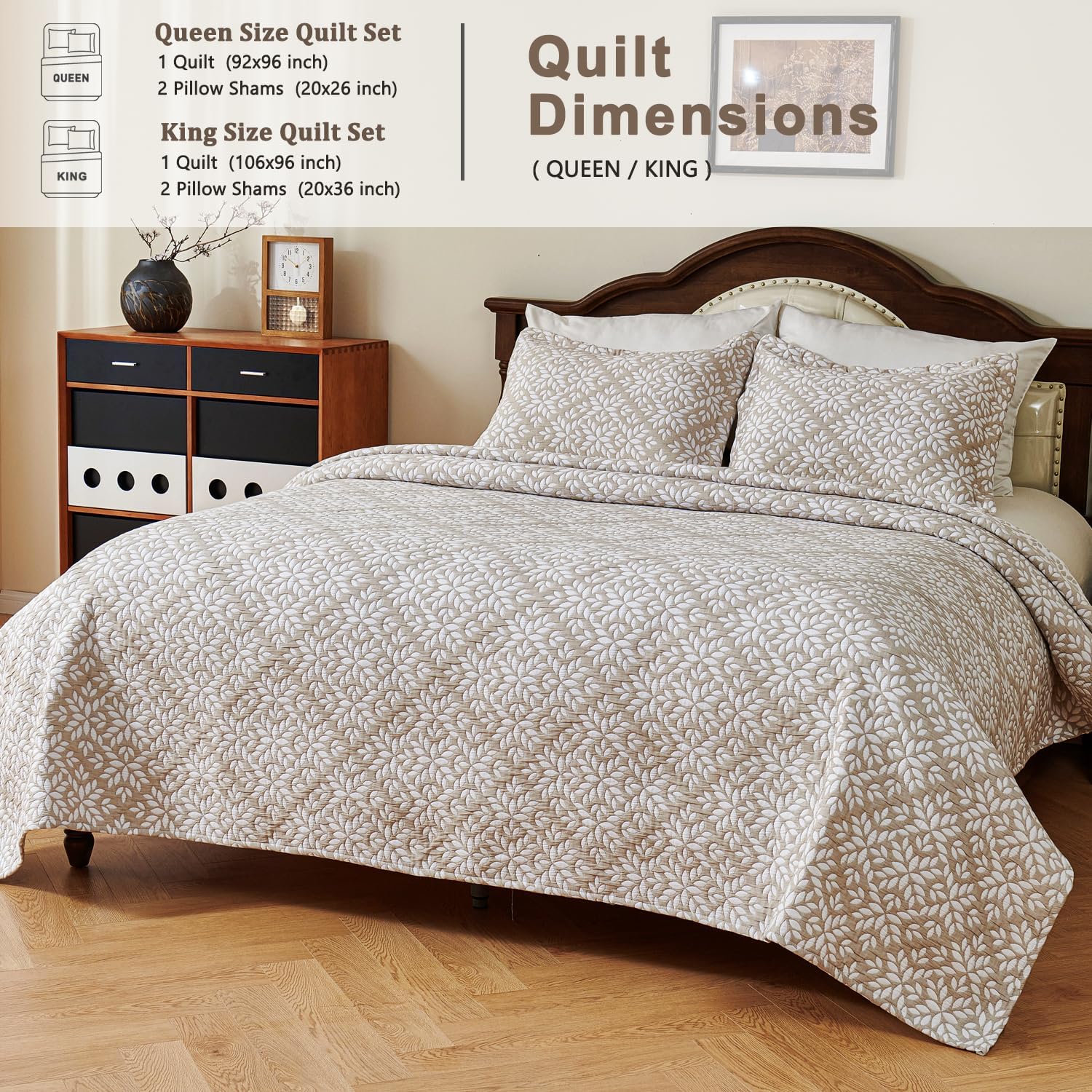 EVENHUG Reversible Leaf Cotton Quilt Set King Size