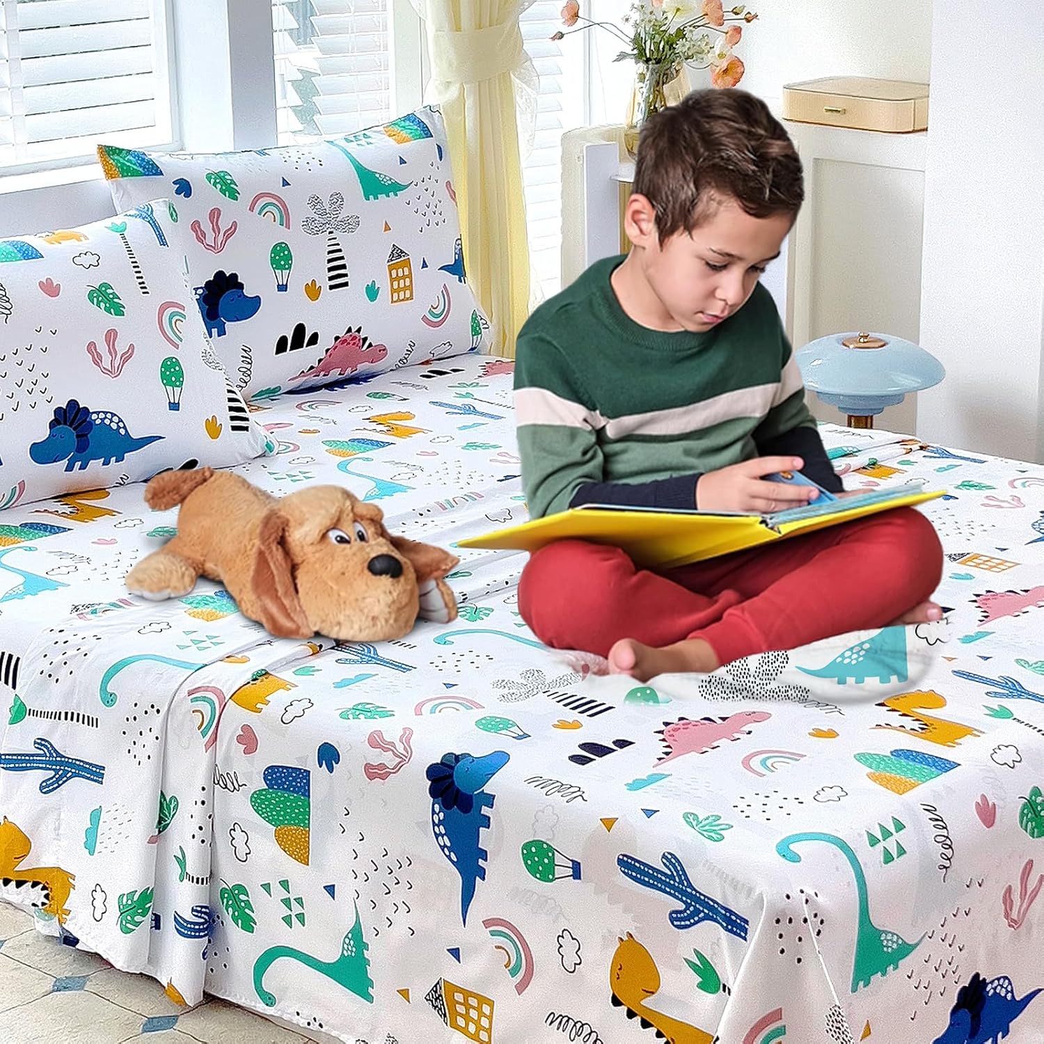 Homilay Queen Sheets Set for Kids - 4 Piece Dinosaur Pattern Bedding