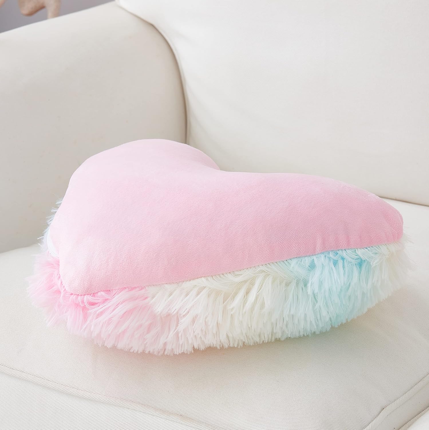MOOWOO Fluffy Heart Pillow Rainbow Faux Fur Throw Decor 40x40cm
