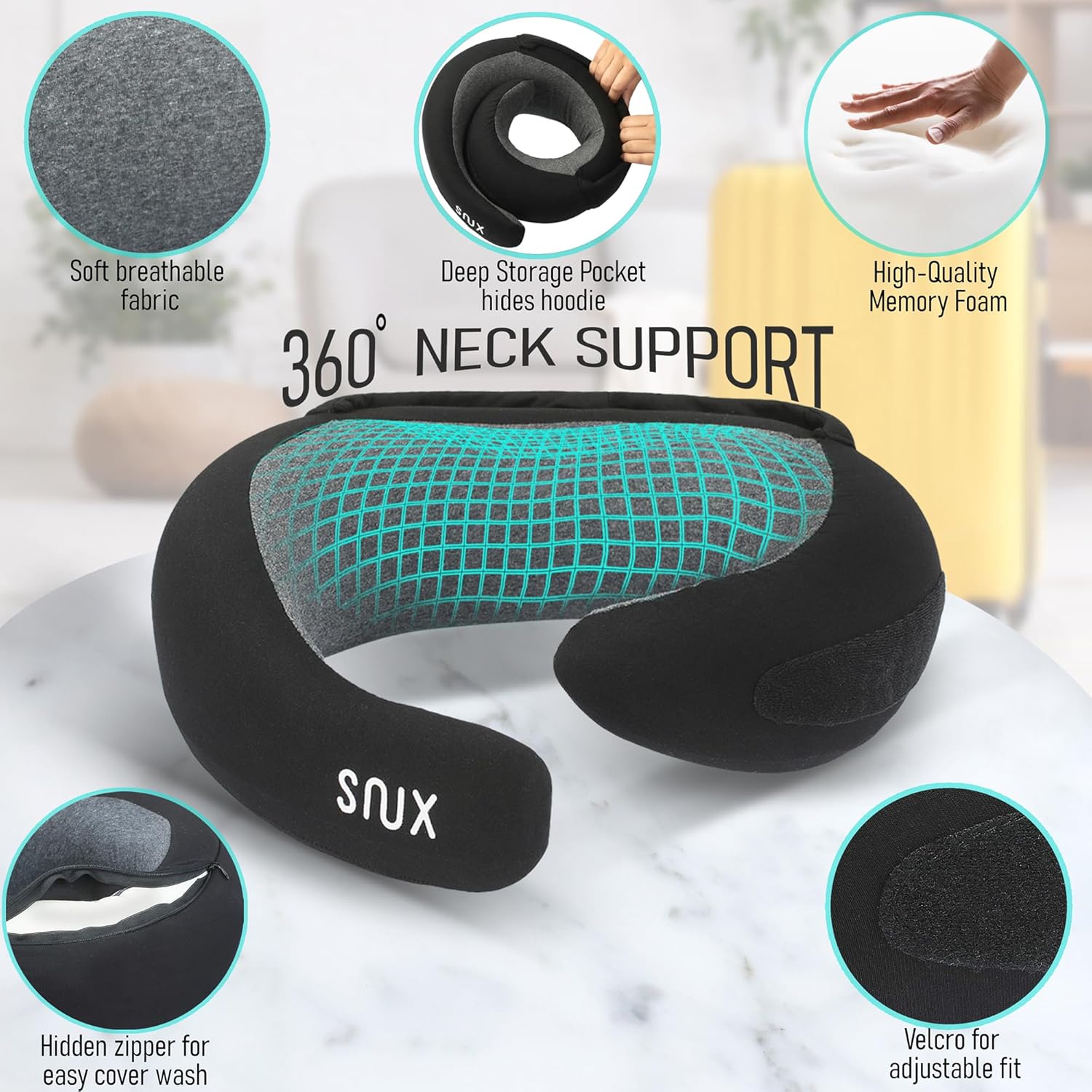 Snux Travel Neck Pillow with Hood - Memory Foam