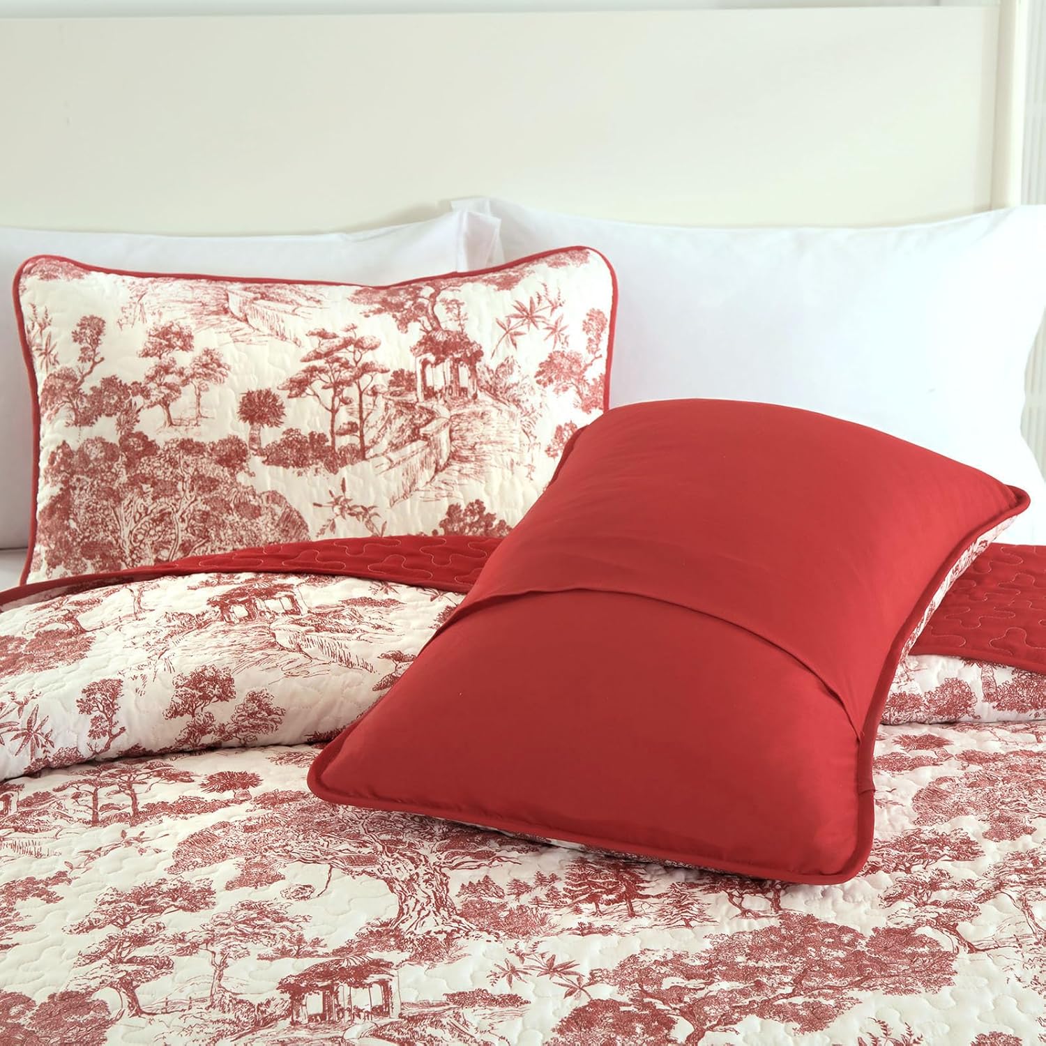 Wongs Bedding Botanical Quilt Set Queen Size Red 3 Pieces