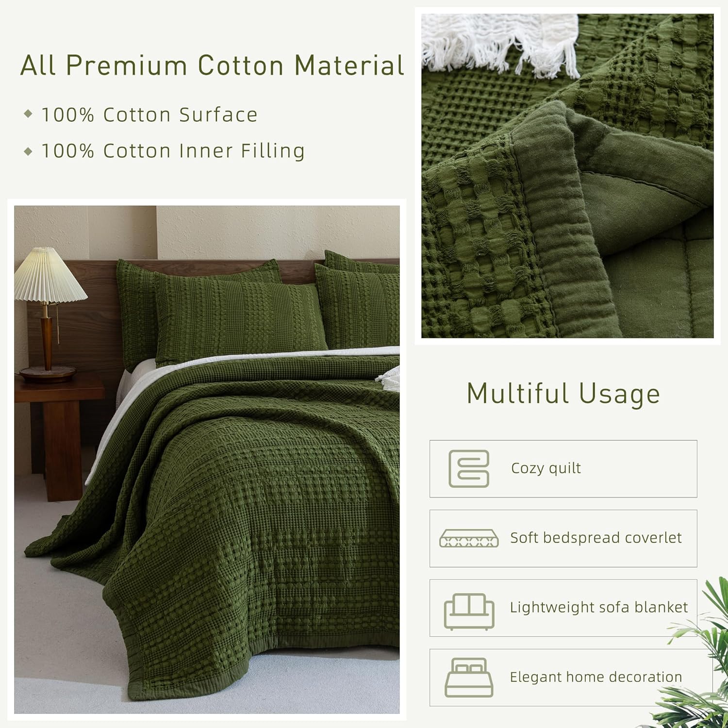 CozyTide Queen Quilt Set 3 Pieces Olive Green Waffle Weave