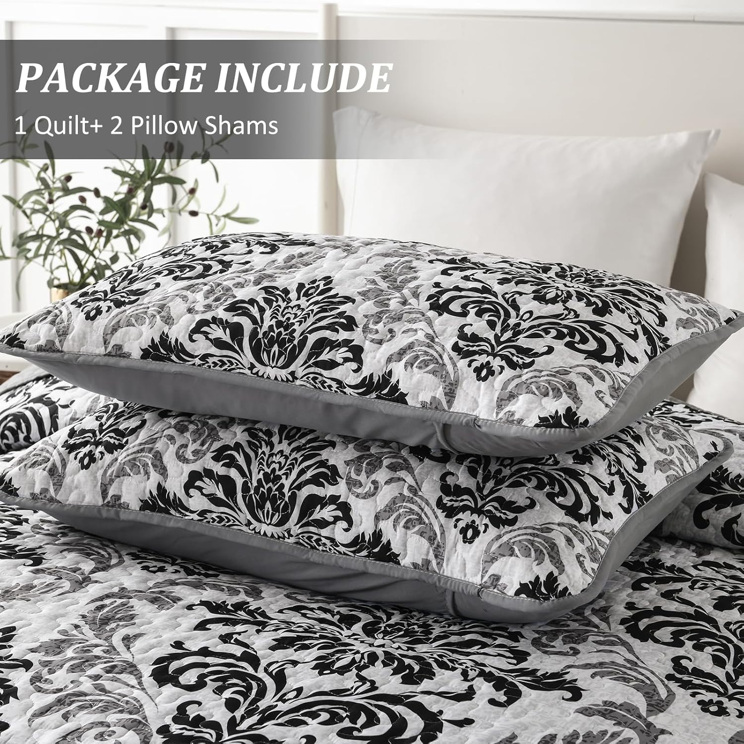 Drucon Black Quilt Set Queen Size 3 Pieces Boho Damask