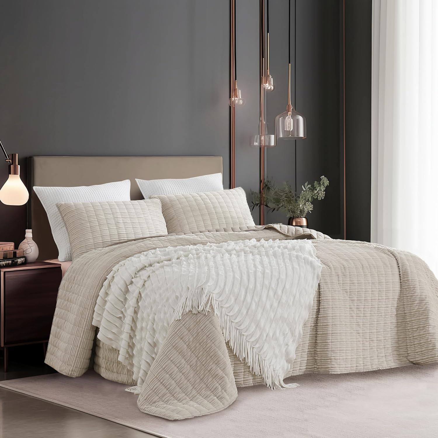 SHALALA Corduroy Quilt Queen 3-Piece Set Striped Bed Cover