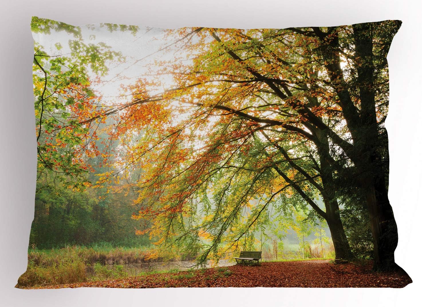 Ambesonne Forest Pillow Sham - Autumn Scene with Faded Leaves