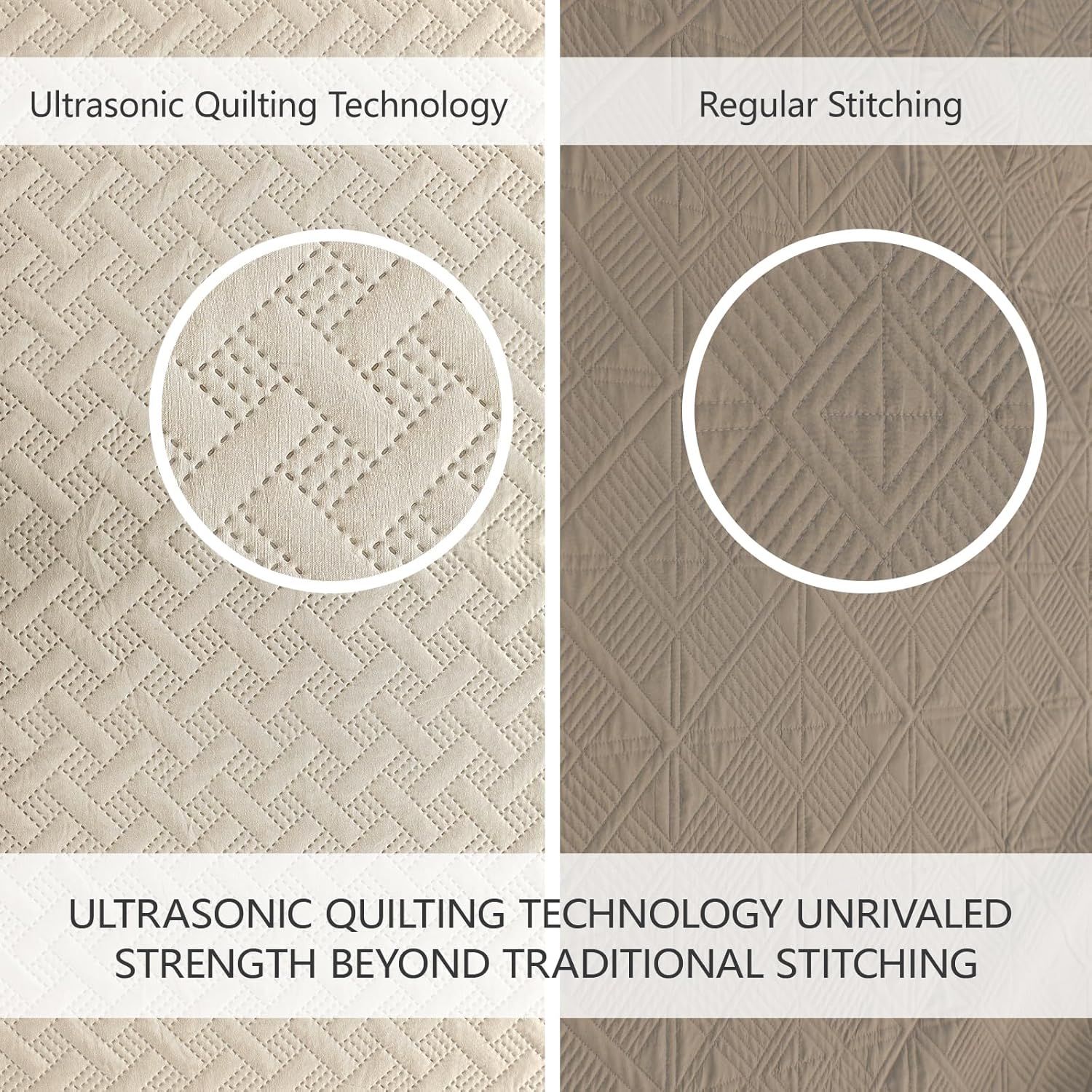 FLYMME King Quilt Bedspread Set with 2 Shams Beige Geometric Stripe Pattern