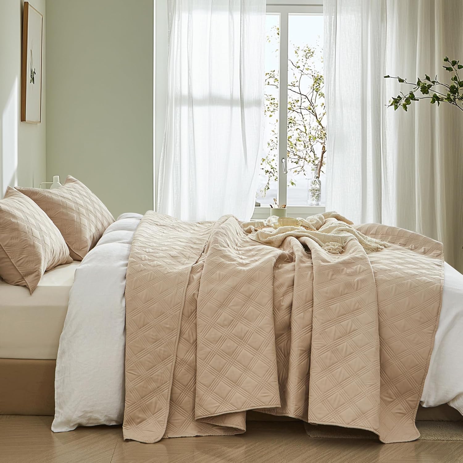 Inron Quilt Set Queen Size Beige Microfiber 1
