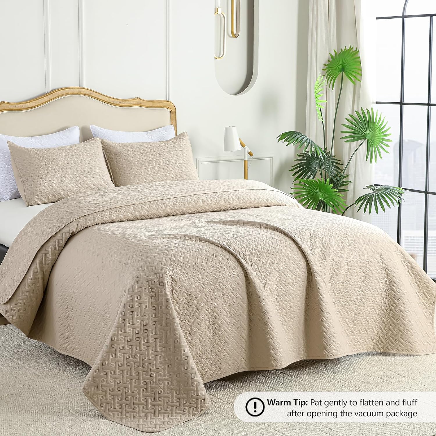 FLYMME King Quilt Bedspread Set with 2 Shams Beige Geometric Stripe Pattern