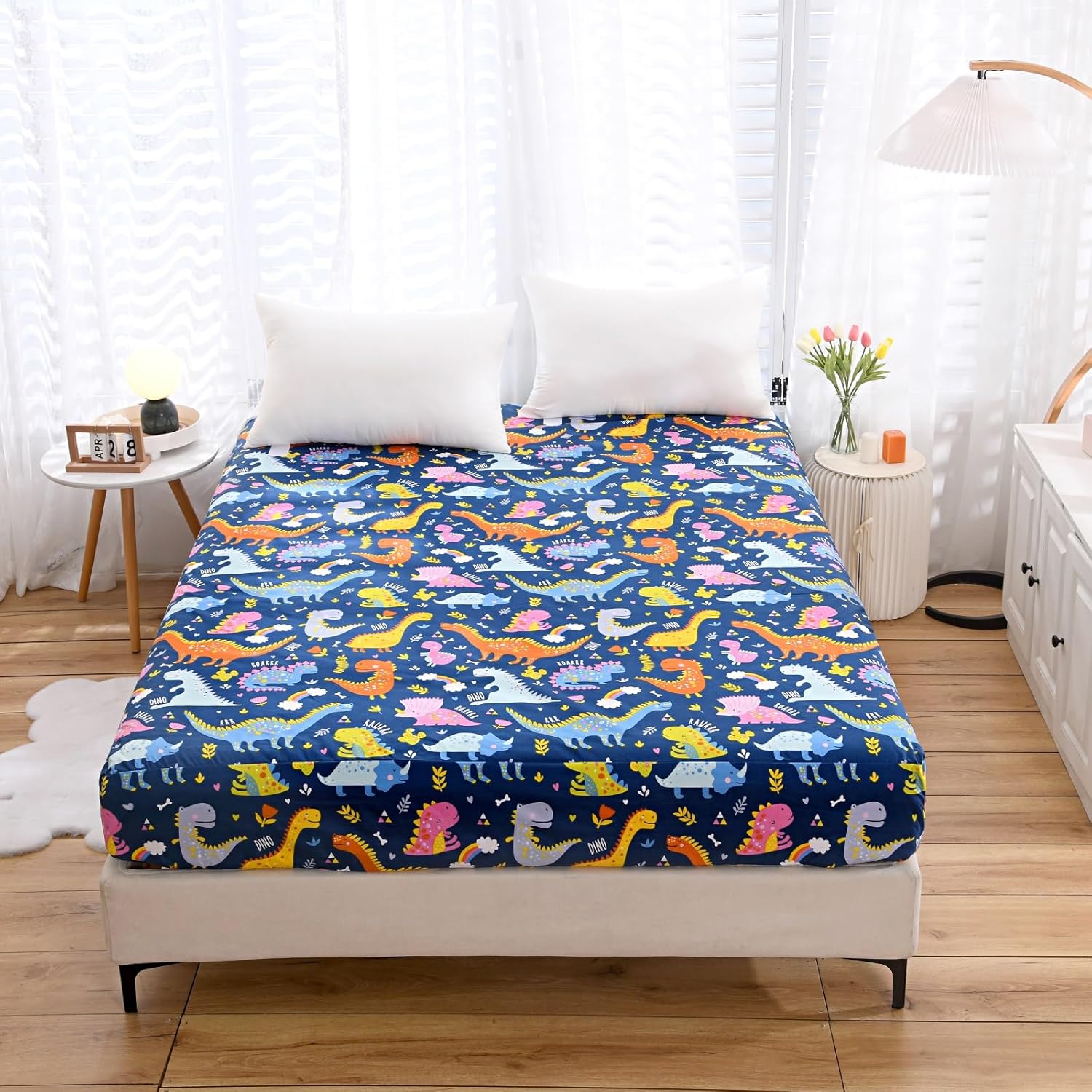 NATURETY Bed Fitted Sheet Twin Dino Printed Navy Blue