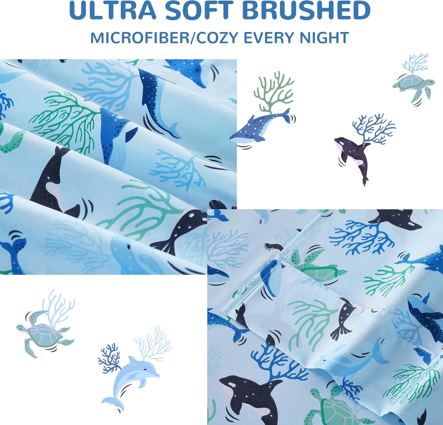 Viviland 3-Piece Kids Blue Ocean Twin Sheet Set