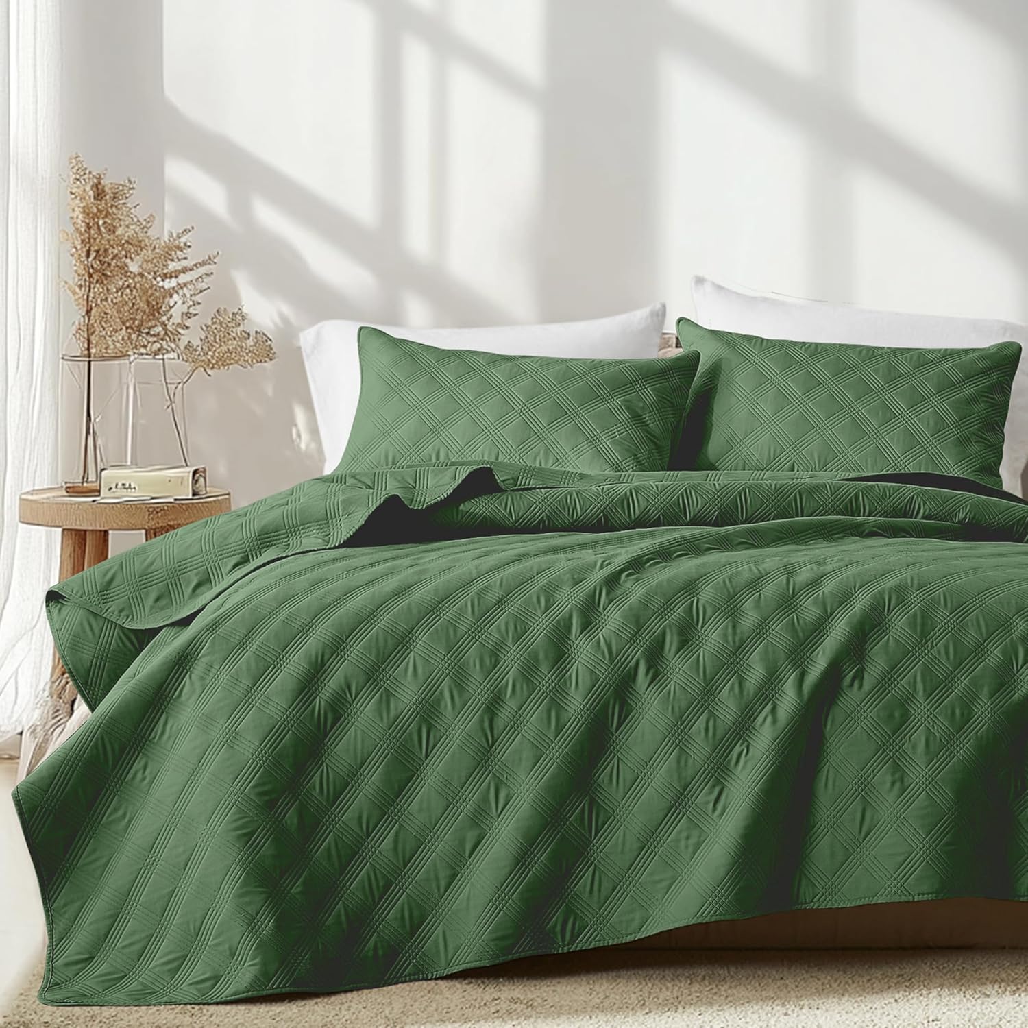 Inron Quilt Set Queen Size Olive Green Microfiber Ultrasonic Full Bedspreads