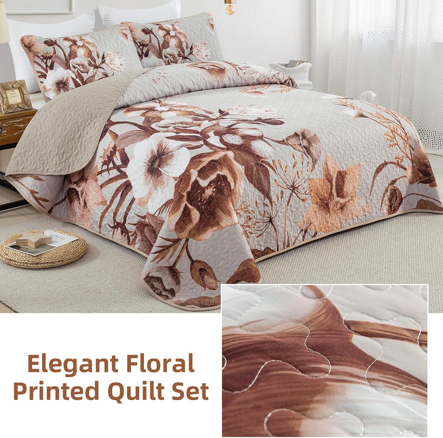 Drucon Boho Floral Quilt Set Queen 3 Piece