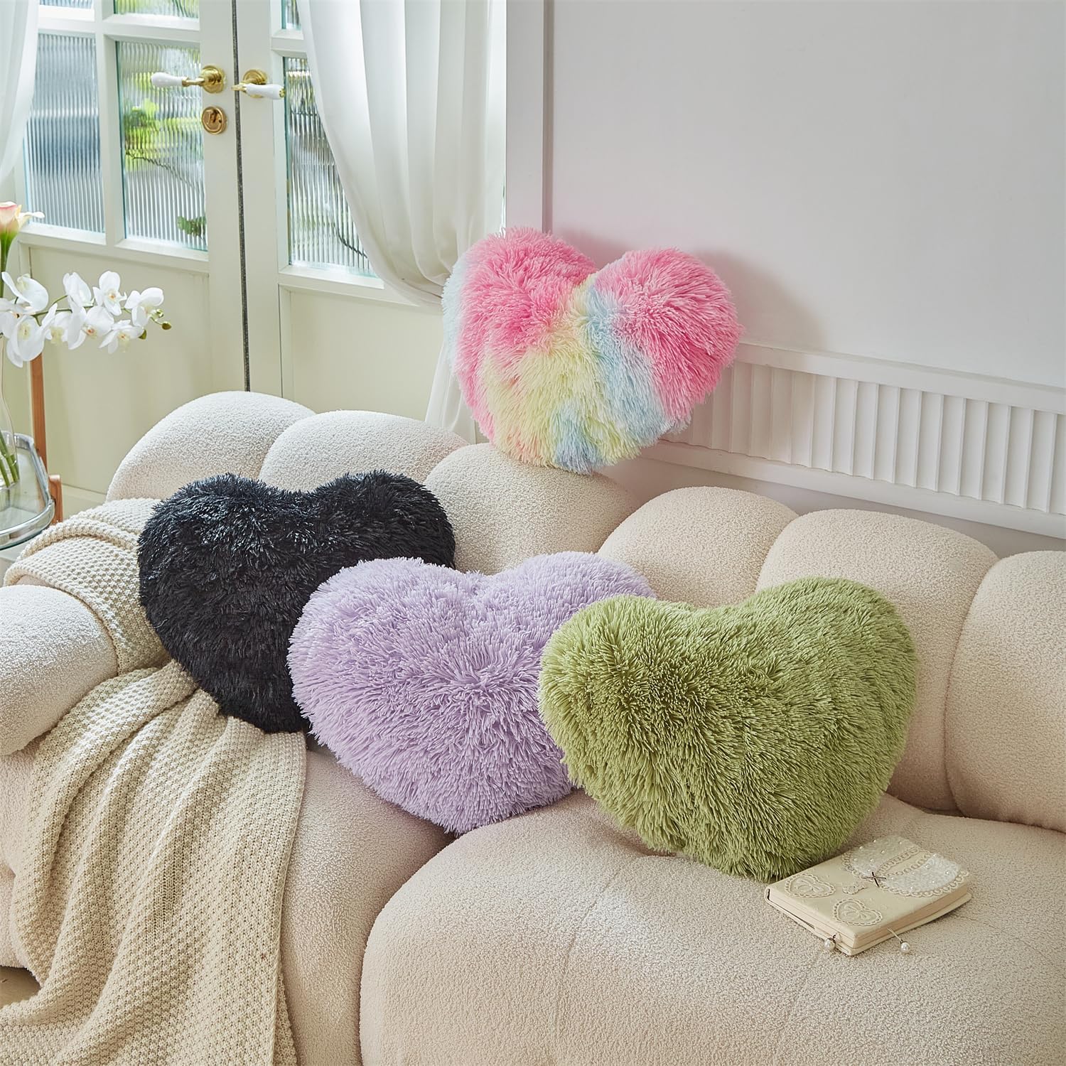 MOOWOO Fluffy Heart Pillow Faux Fur Throw Cushion 40x40cm