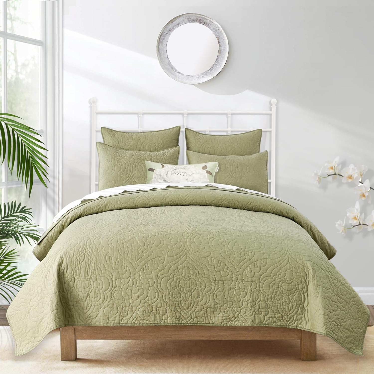 Querencia 100 Cotton Queen Quilt Set - Sage Green Paisley Pattern 3 Pieces