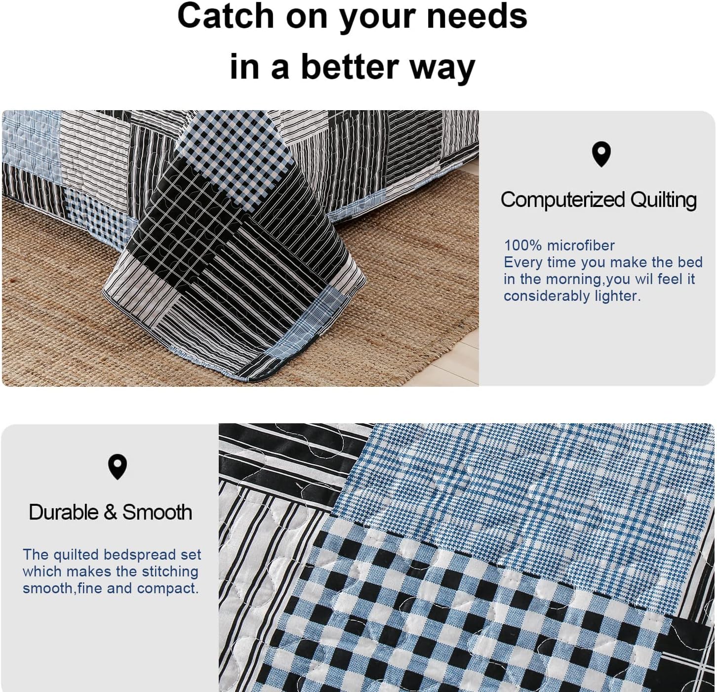 Ycosy Plaid Quilt Set Full Queen with 2 Pillow Shams