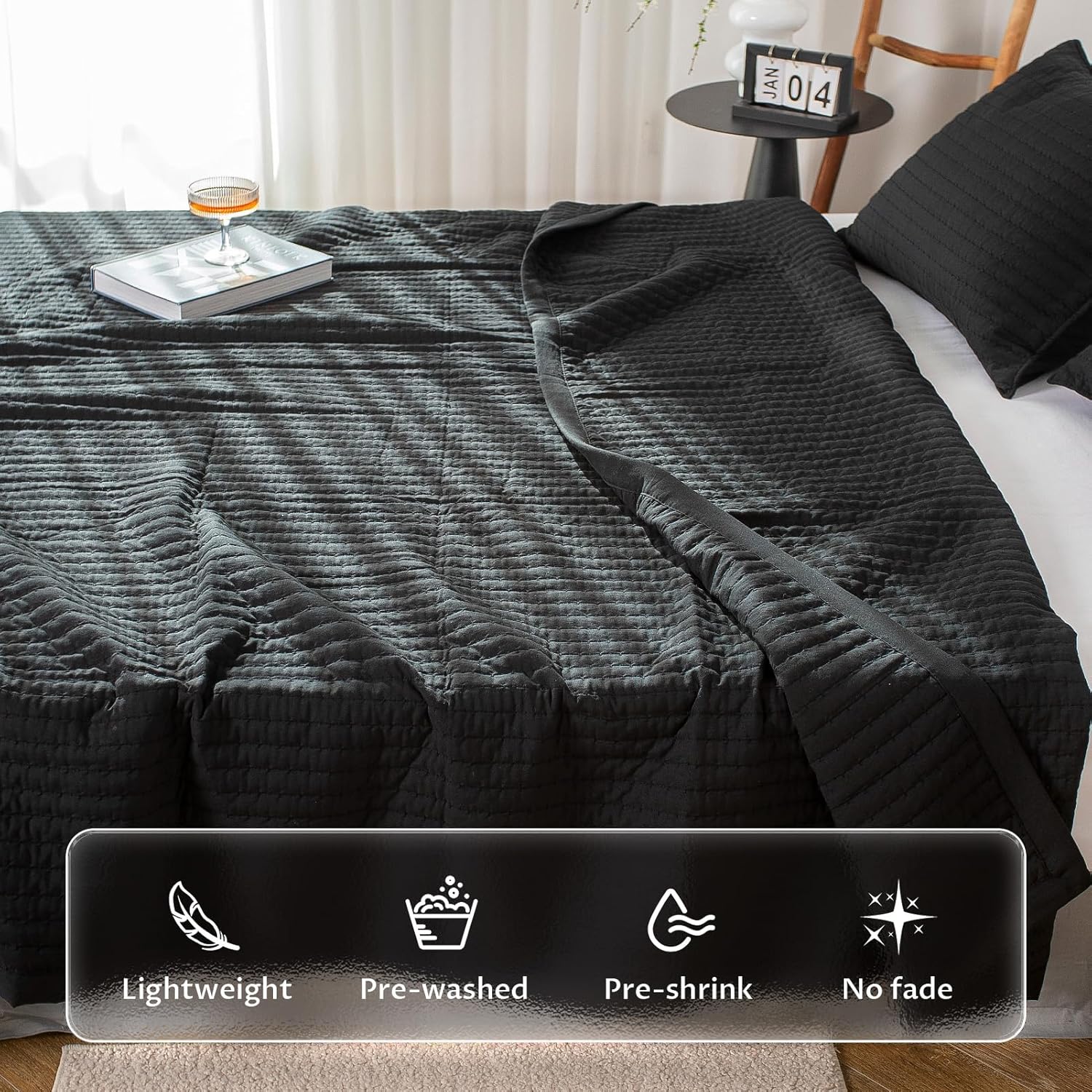 KASENTEX King Size Quilt Set - Stone Washed Black