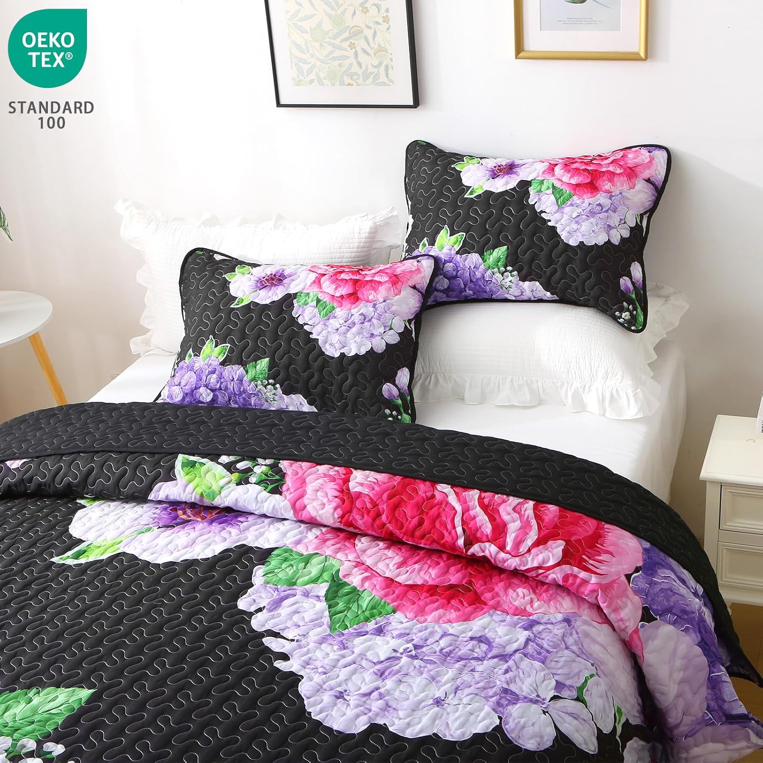 Heymybed Black Floral Queen Quilt Set 3 Pieces