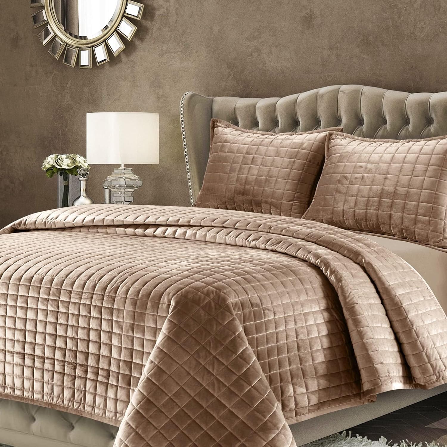 Tribeca Living Velvet Quilt Set King Size Taupe 1