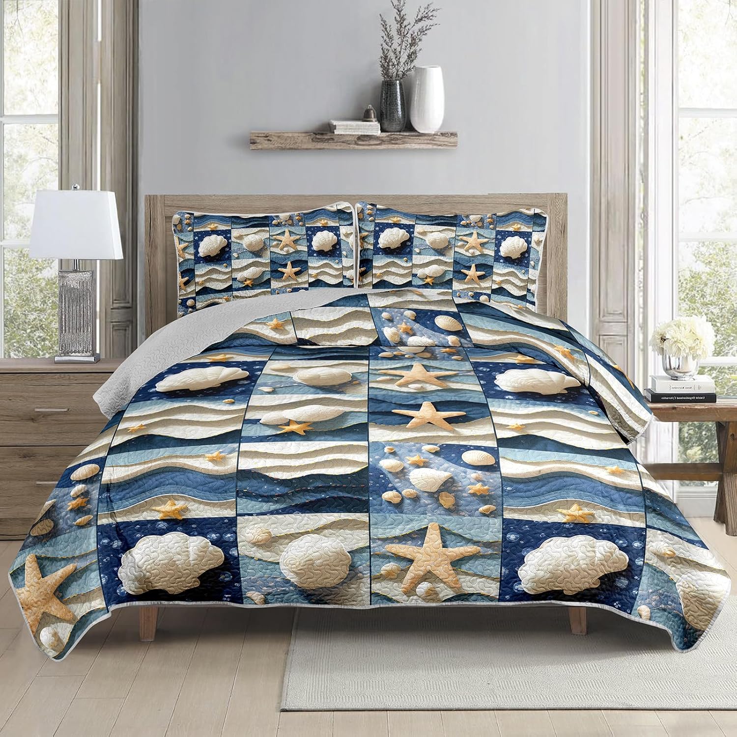 QOOMO Coastal Quilt Set Twin Size 3 Piece