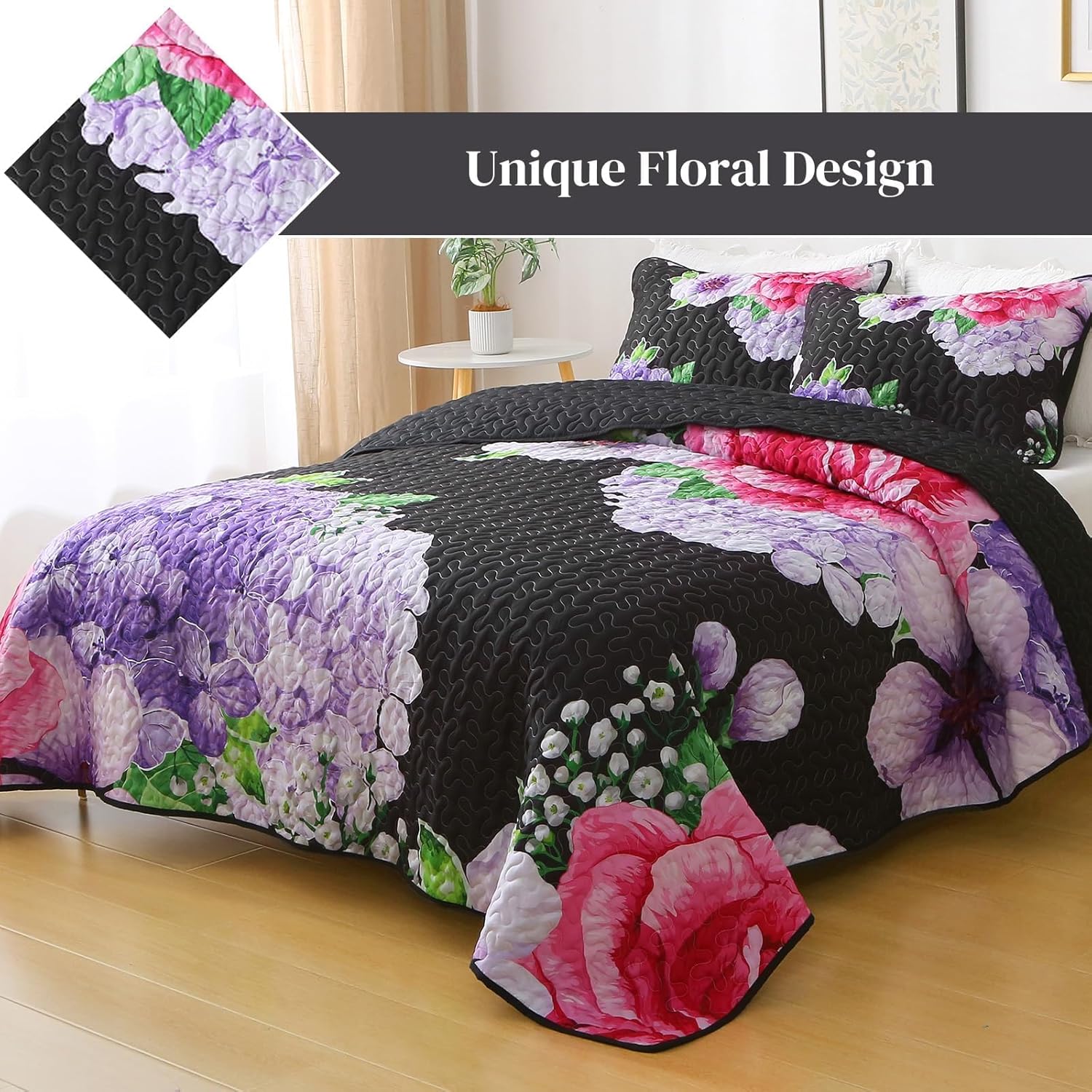 Heymybed Black Floral Queen Quilt Set 3 Pieces