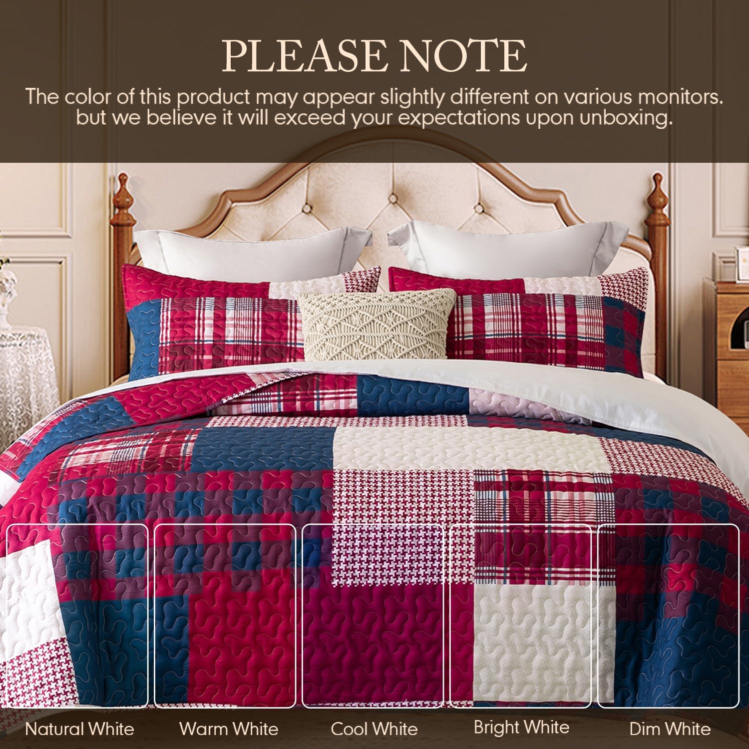 DURLENGEN Boho Quilt Set Queen 3Pcs with Red Navy Patchwork