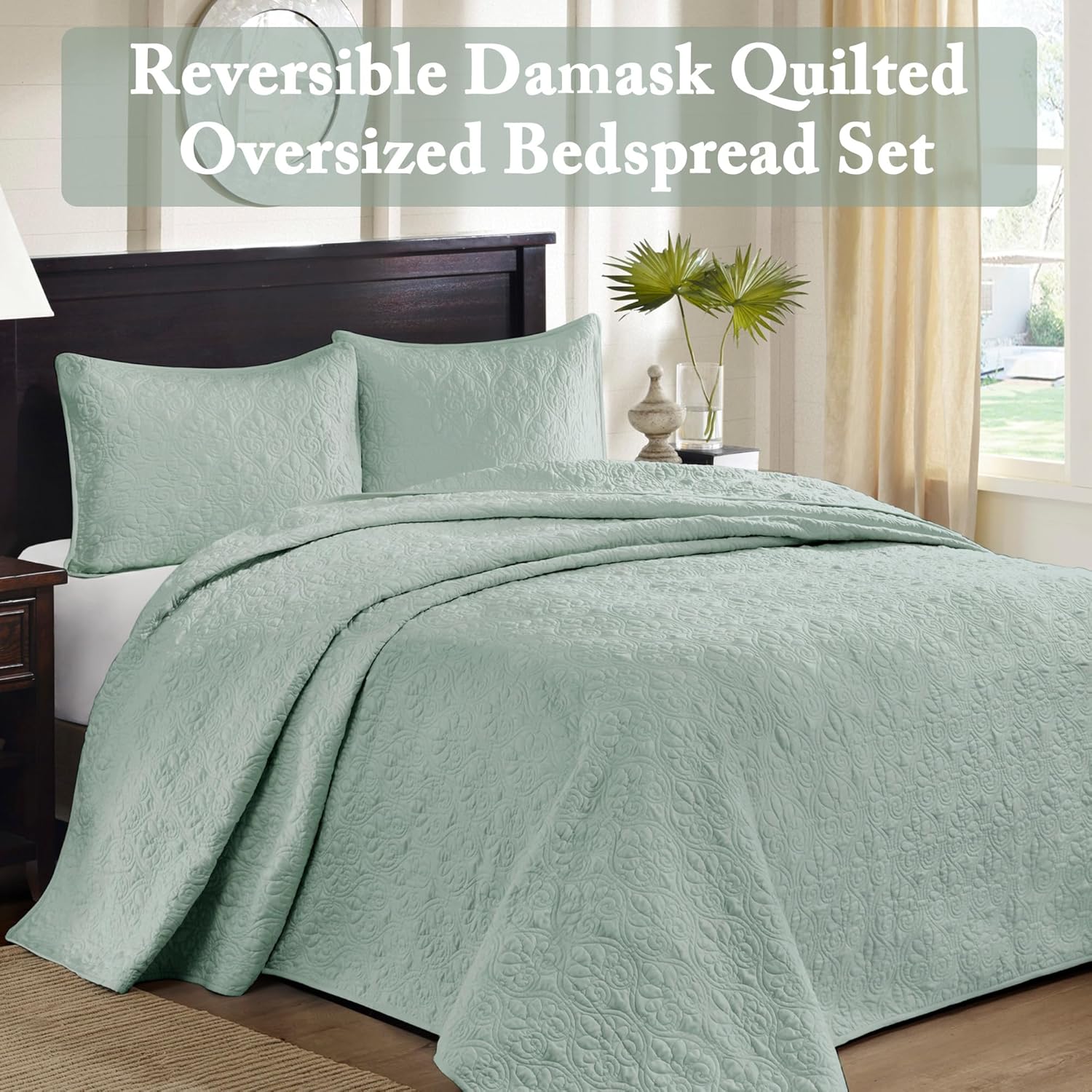 Madison Park Quebec Reversible Bedspread Set - Seafoam Damask