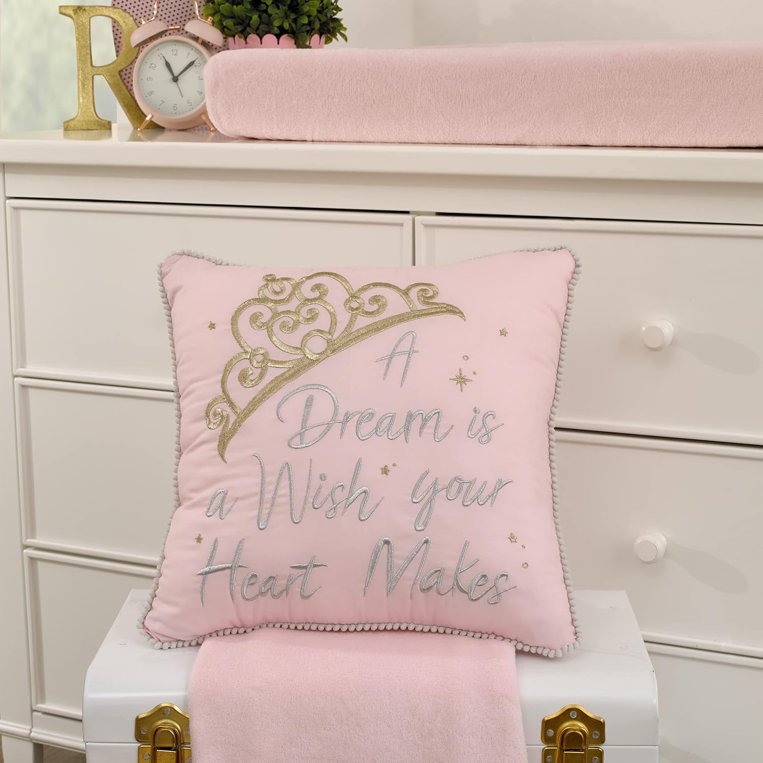 NoJo Disney Princess Throw Pillow with Gold Crown and Pom Pom Trim