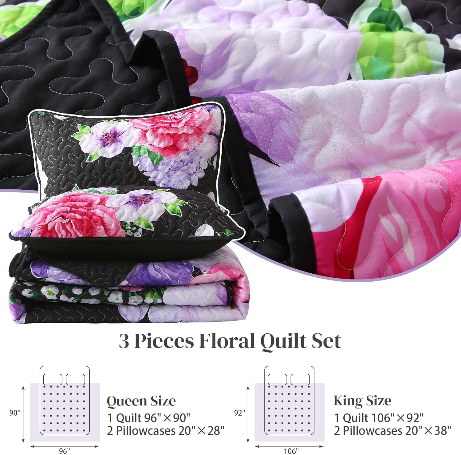 Heymybed Black Floral Queen Quilt Set 3 Pieces