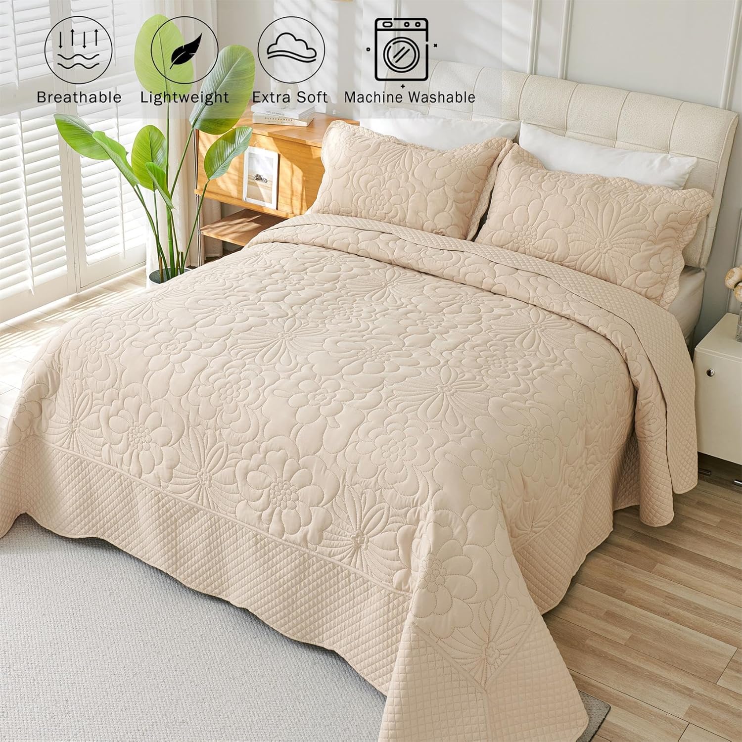 Cmfshape Oversized King Quilt Set 3 PCS - Floral Beige