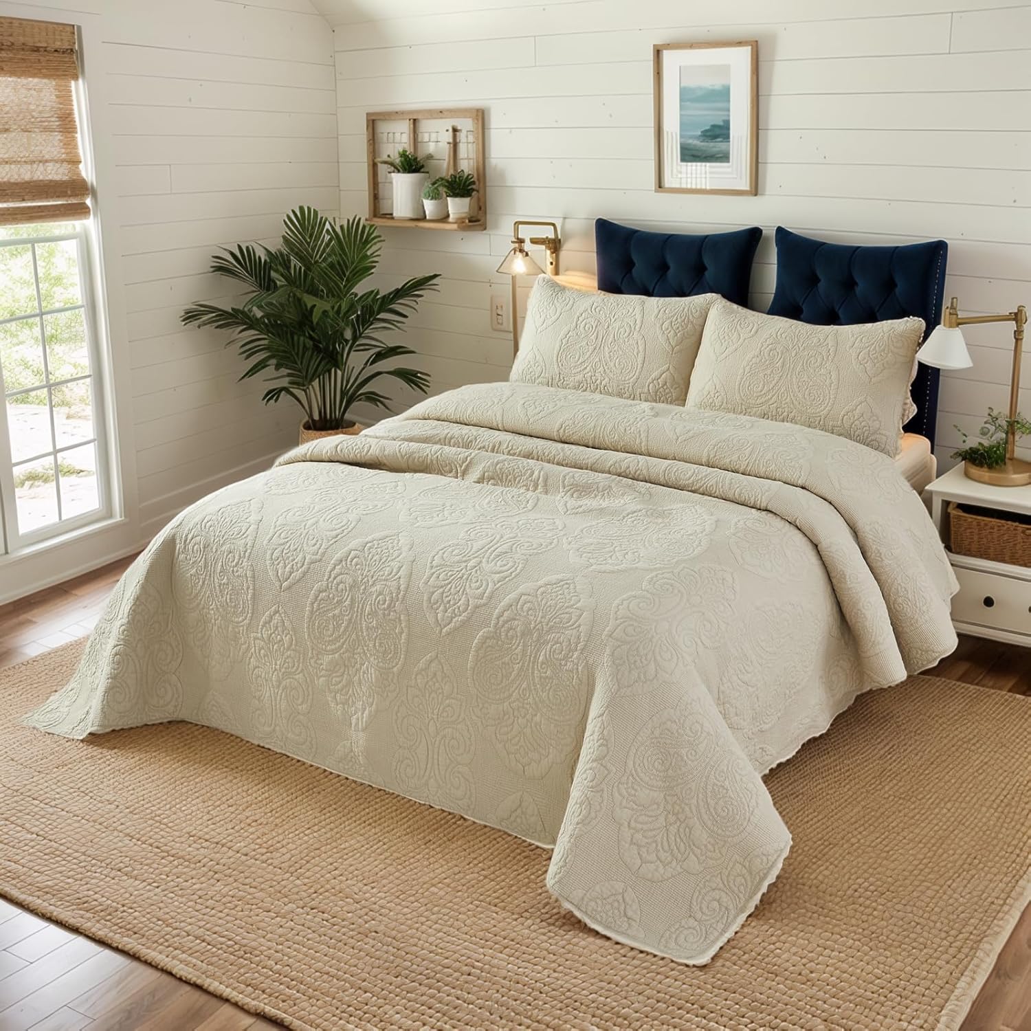 Brandream Queen Size Quilt Set 3-Piece Cotton Beige