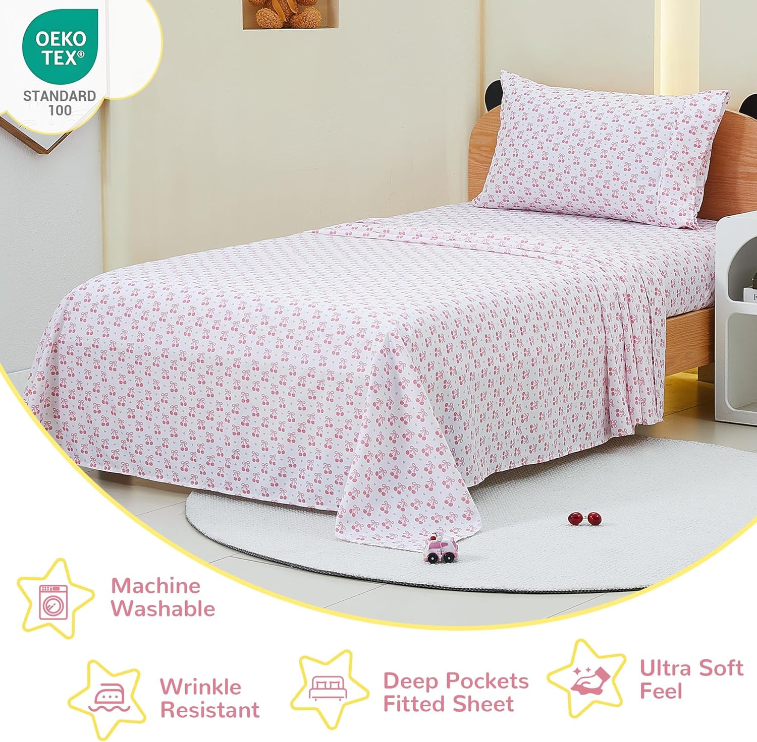 Viviland 3-Piece Pink Cherry Bow Twin Sheet Set