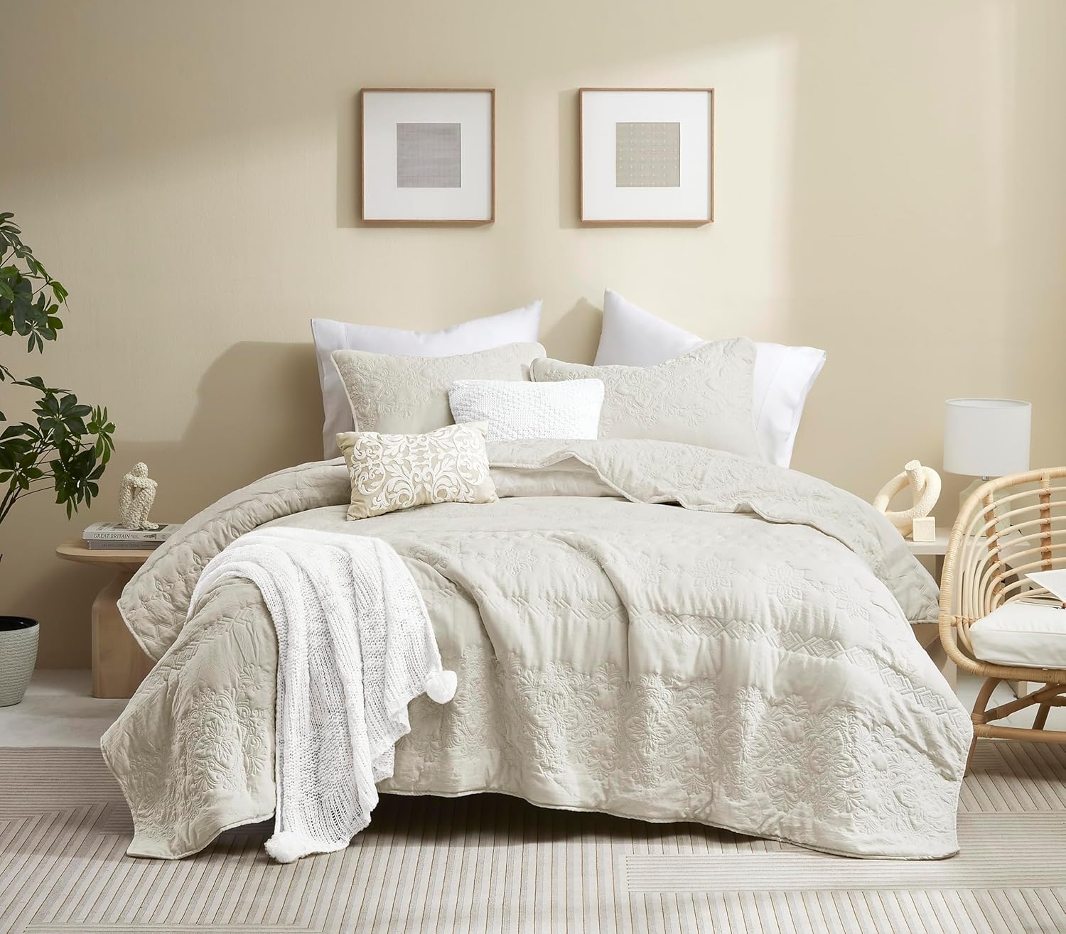B2EVER Boho Light Beige Quilt Set Queen Size with Pillow Shams