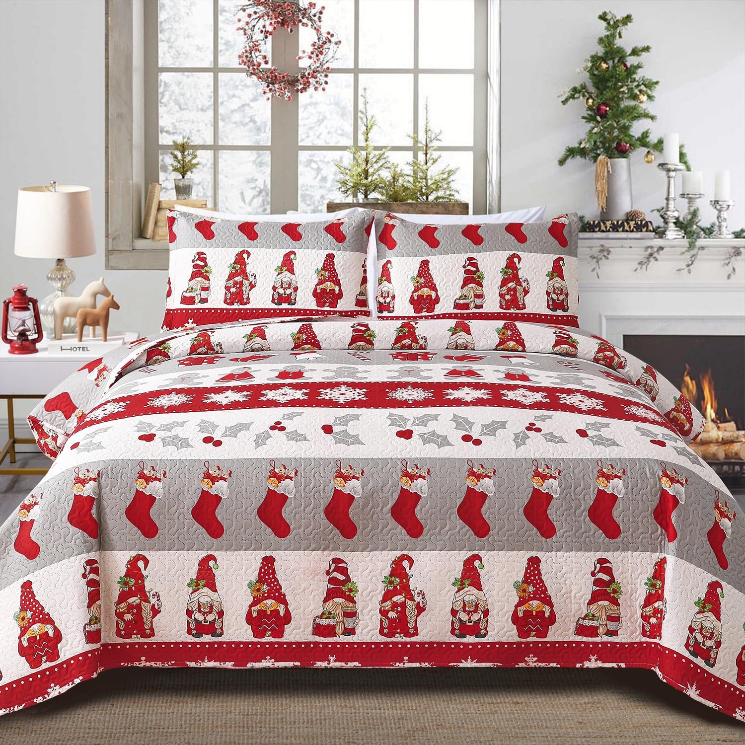 Smuge Christmas Bedspread Queen Size Quilt Set