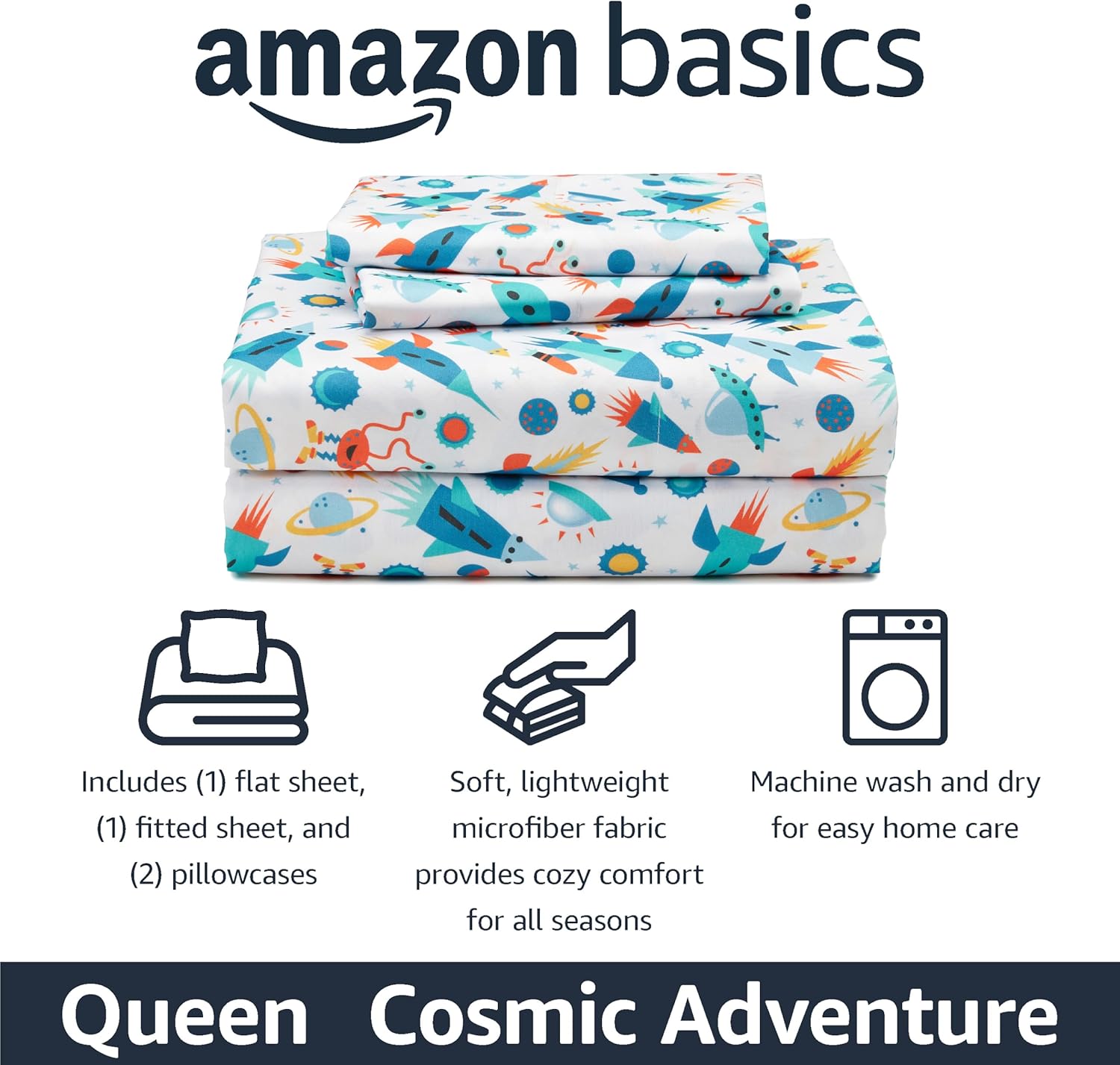 Amazon Basics Microfiber Kids Sheet Set Queen Cosmic Adventure