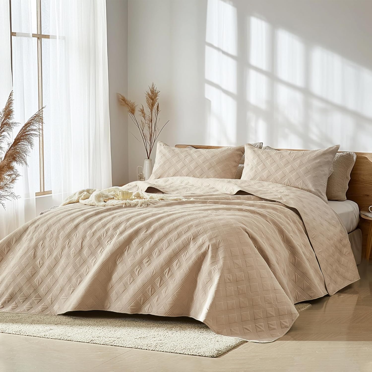 Inron Quilt Set Queen Size Beige Microfiber 1