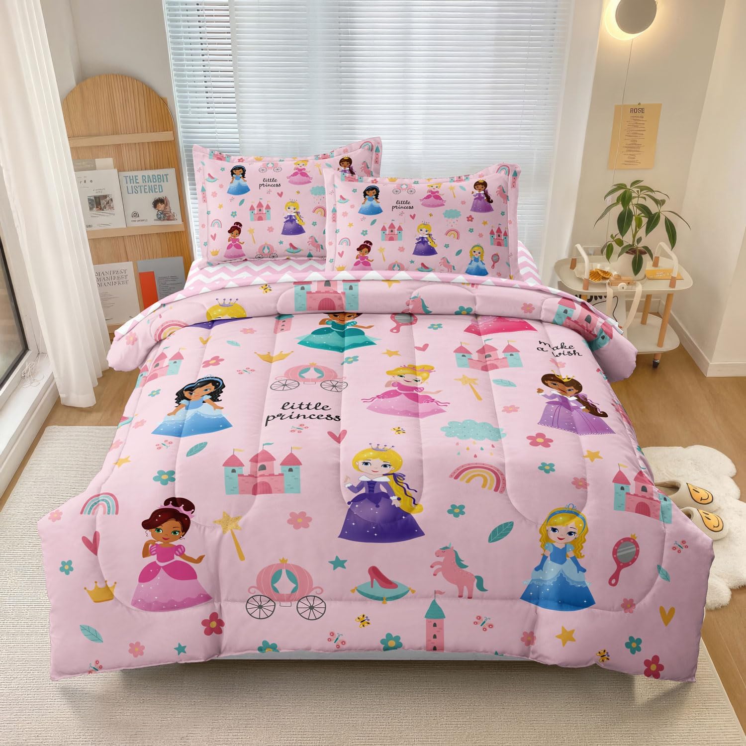 Kids Pink Princess Comforter Set Twin Bed in a Bag 5 Piece