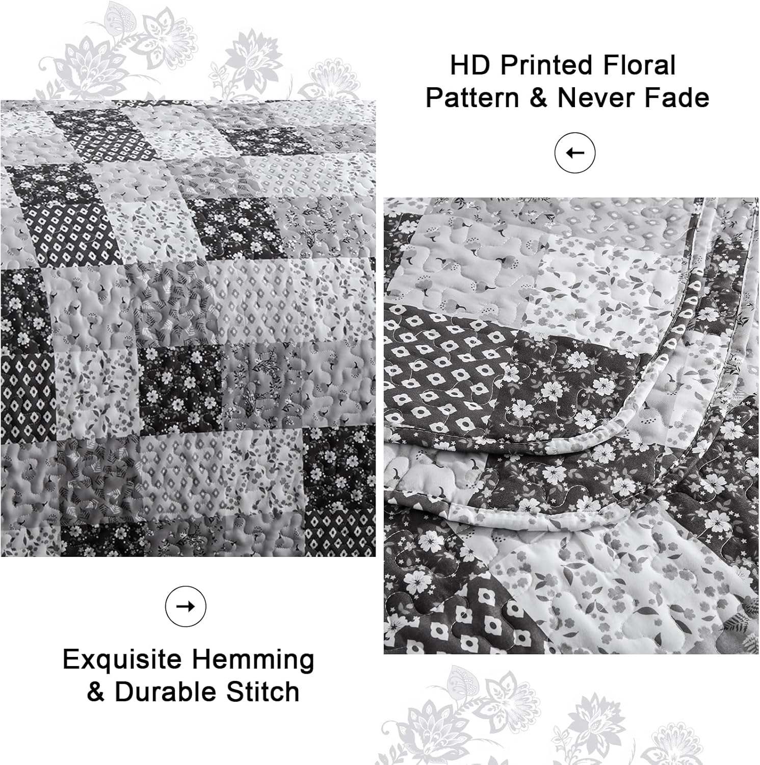 Menghomeus Boho Patchwork Quilt Set King Black Grey