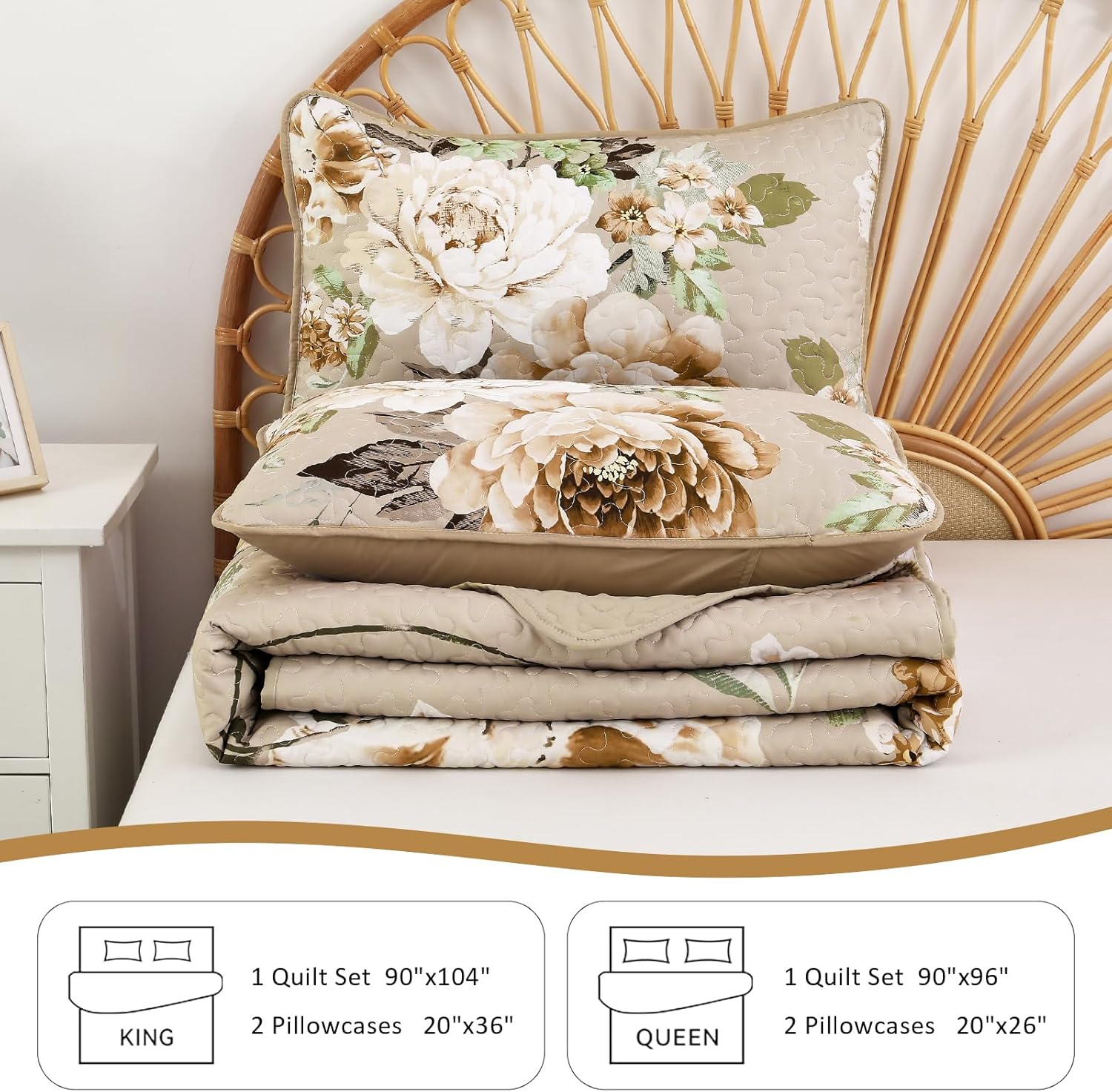 WONGS BEDDING Floral Quilt Set 3 Piece Khaki King