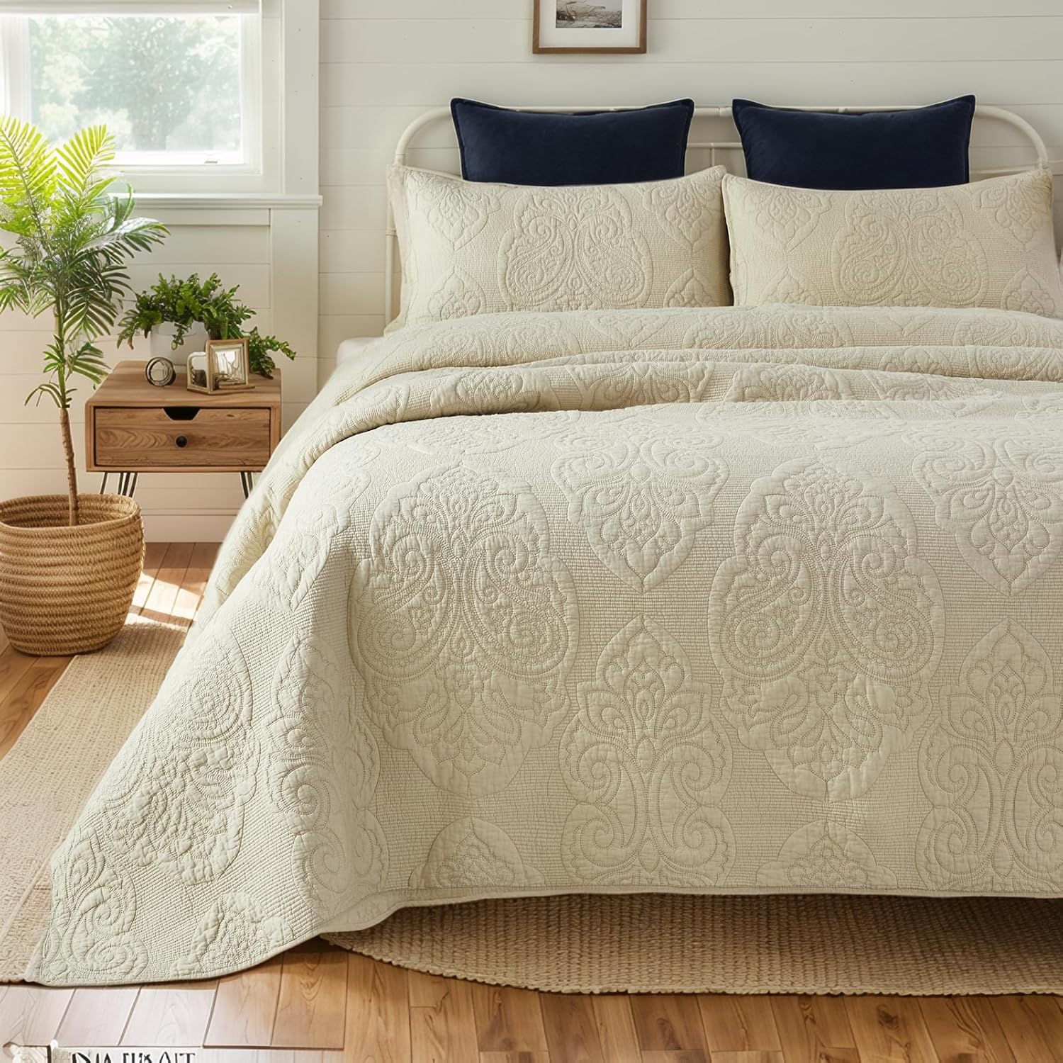 Brandream Queen Size Quilt Set 3-Piece Cotton Beige