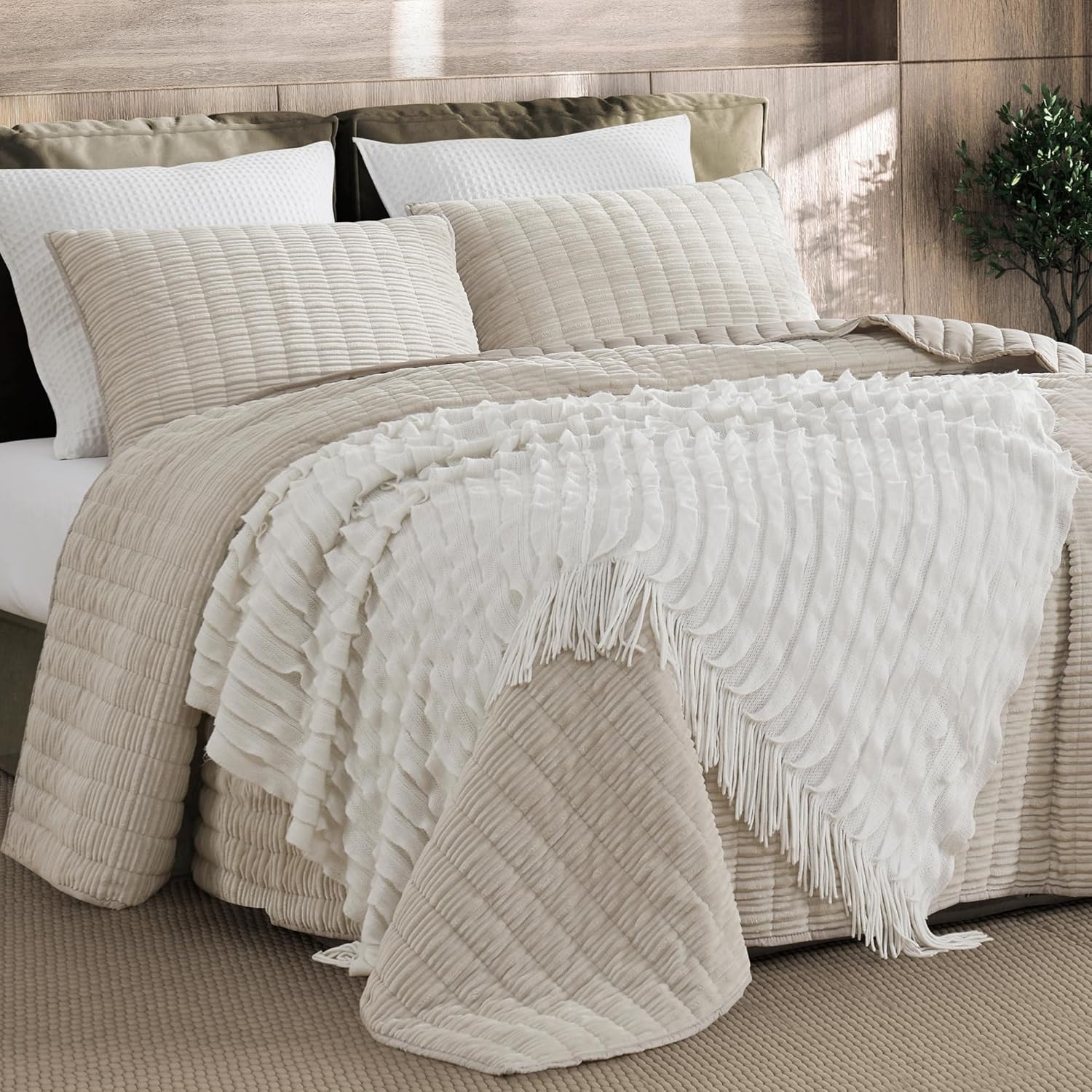 SHALALA Corduroy Quilt Queen 3-Piece Set Striped Bed Cover