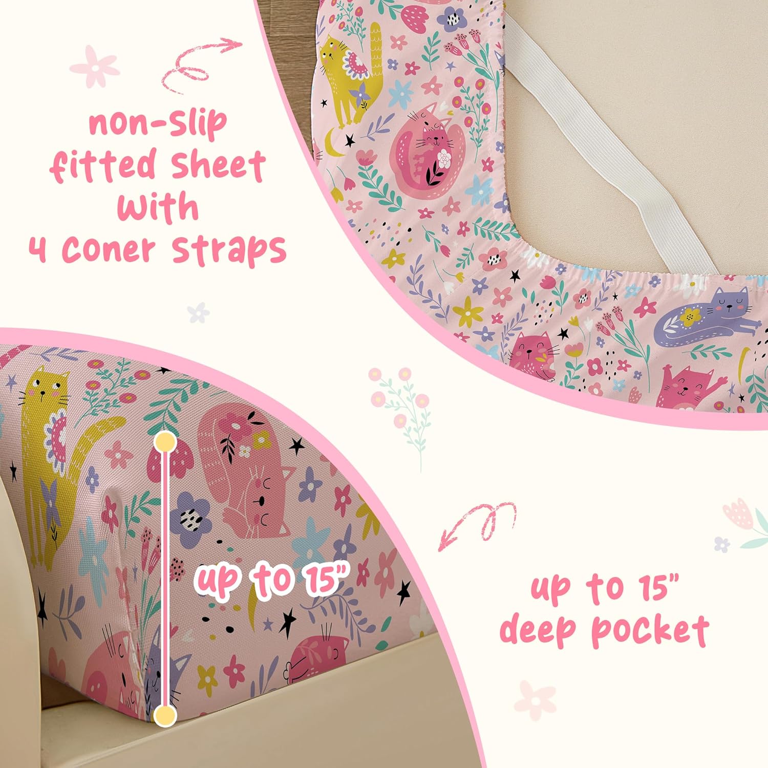 Bedmoon Girls Pink Cat Twin Bed Sheet Set