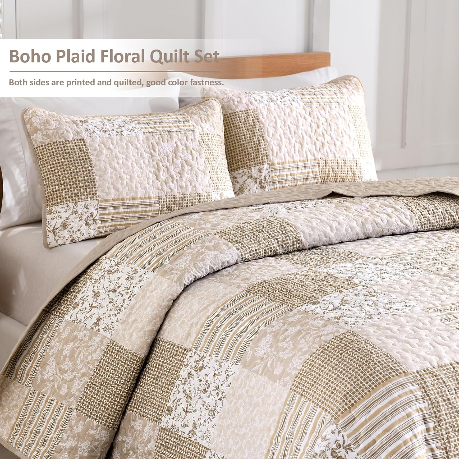 Mybedsoul Plaid Floral Quilt Set Queen Size 3 Pieces