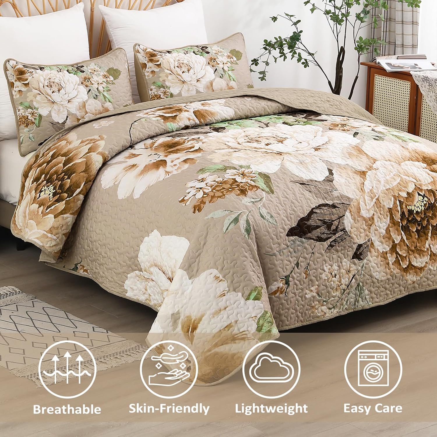 WONGS BEDDING Floral Quilt Set 3 Piece Khaki King