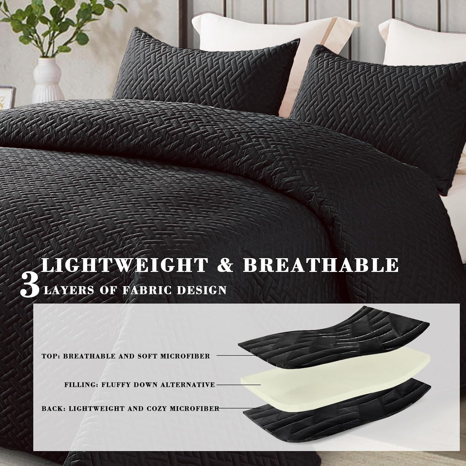 Exclusivo Mezcla Full Queen Quilt Set with Basket Weave Pattern Black