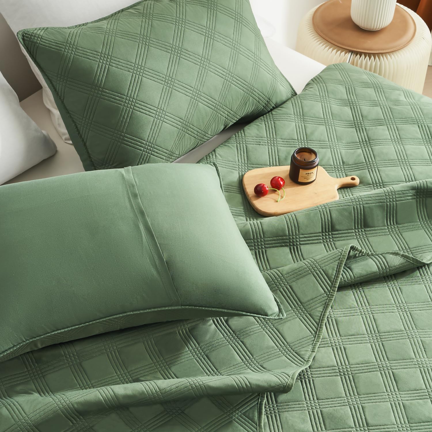 Inron Quilt Set Queen Size Olive Green Microfiber Ultrasonic Full Bedspreads