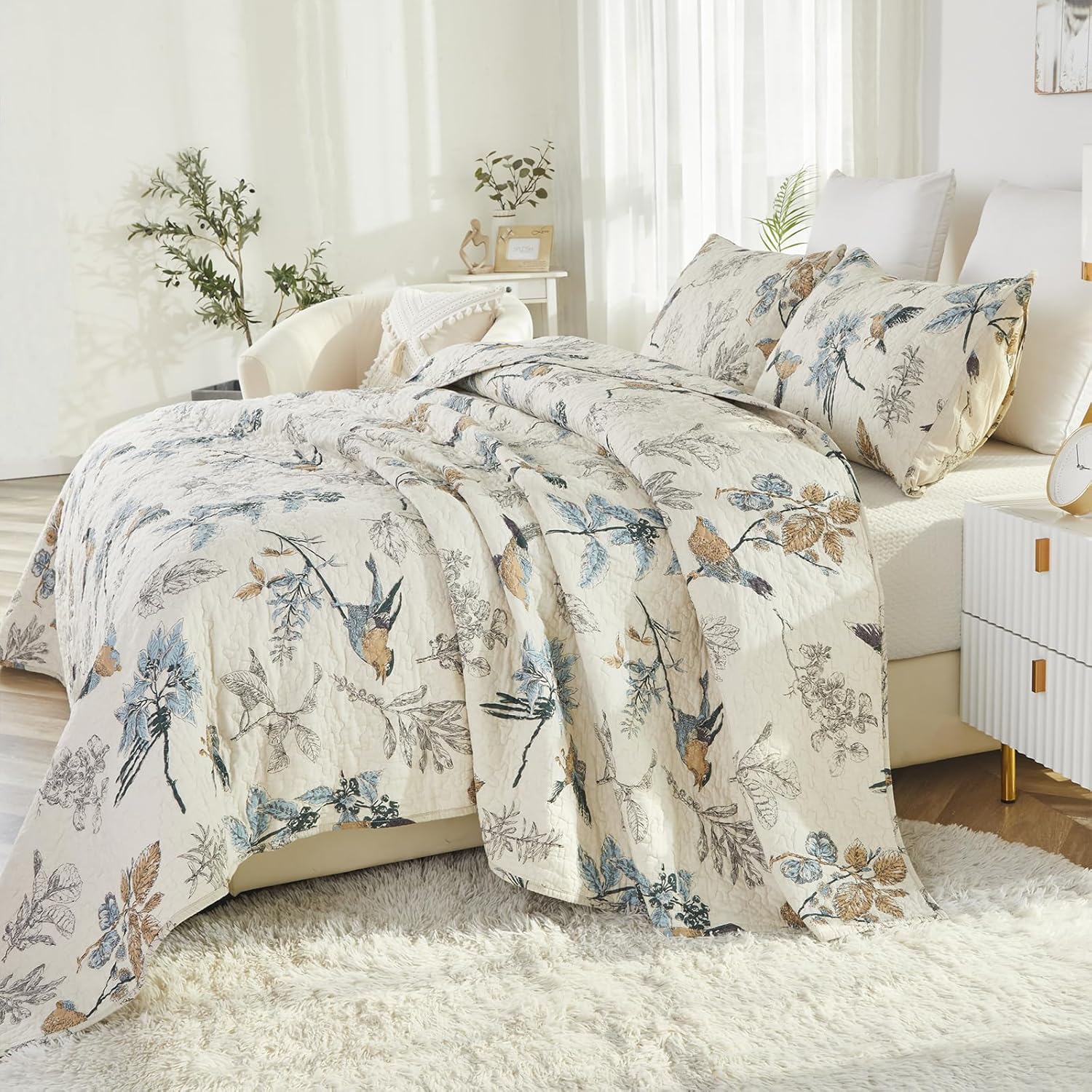 Brandream Birds Comforter Set Queen 3Pcs Beige