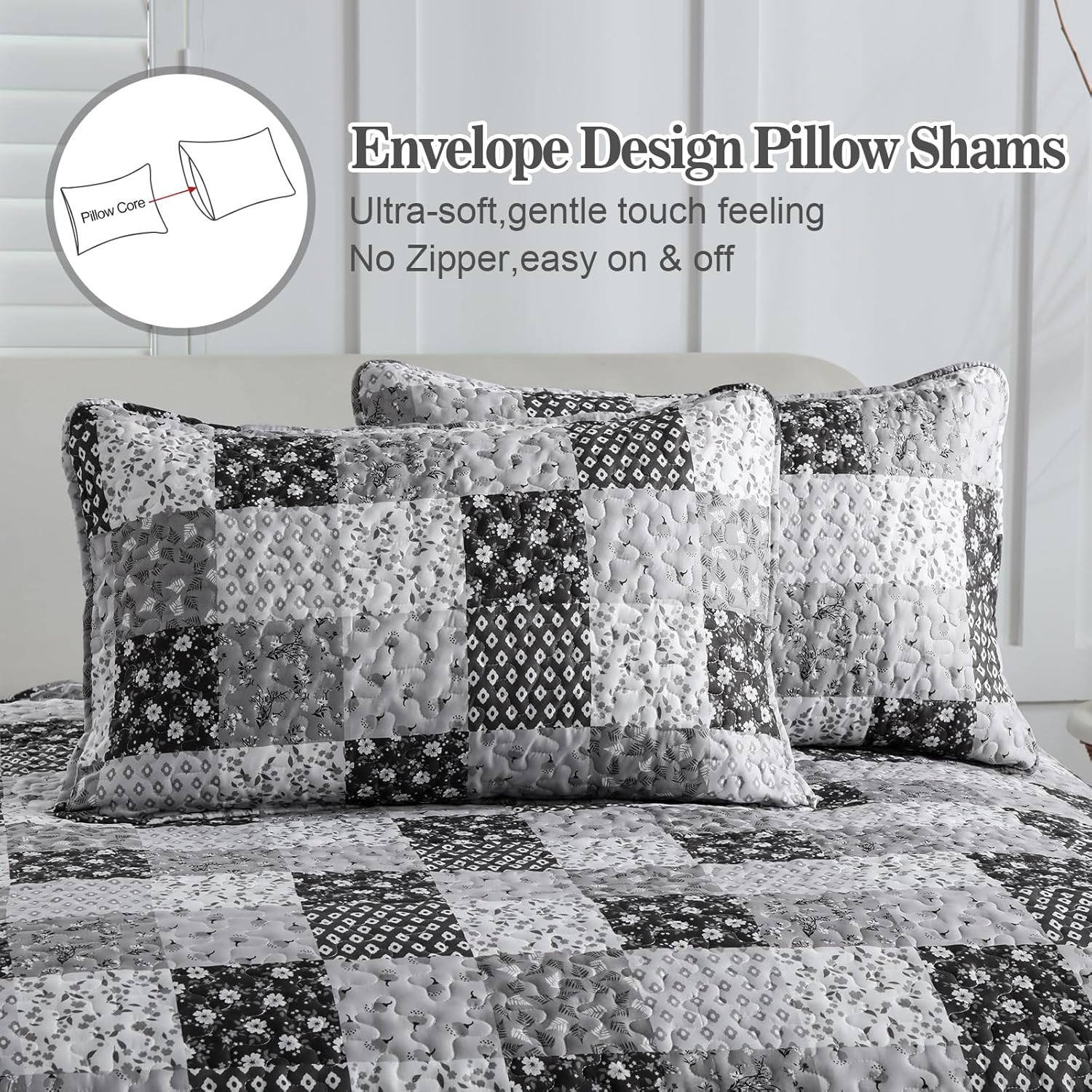 Menghomeus Boho Patchwork Quilt Set King Black Grey